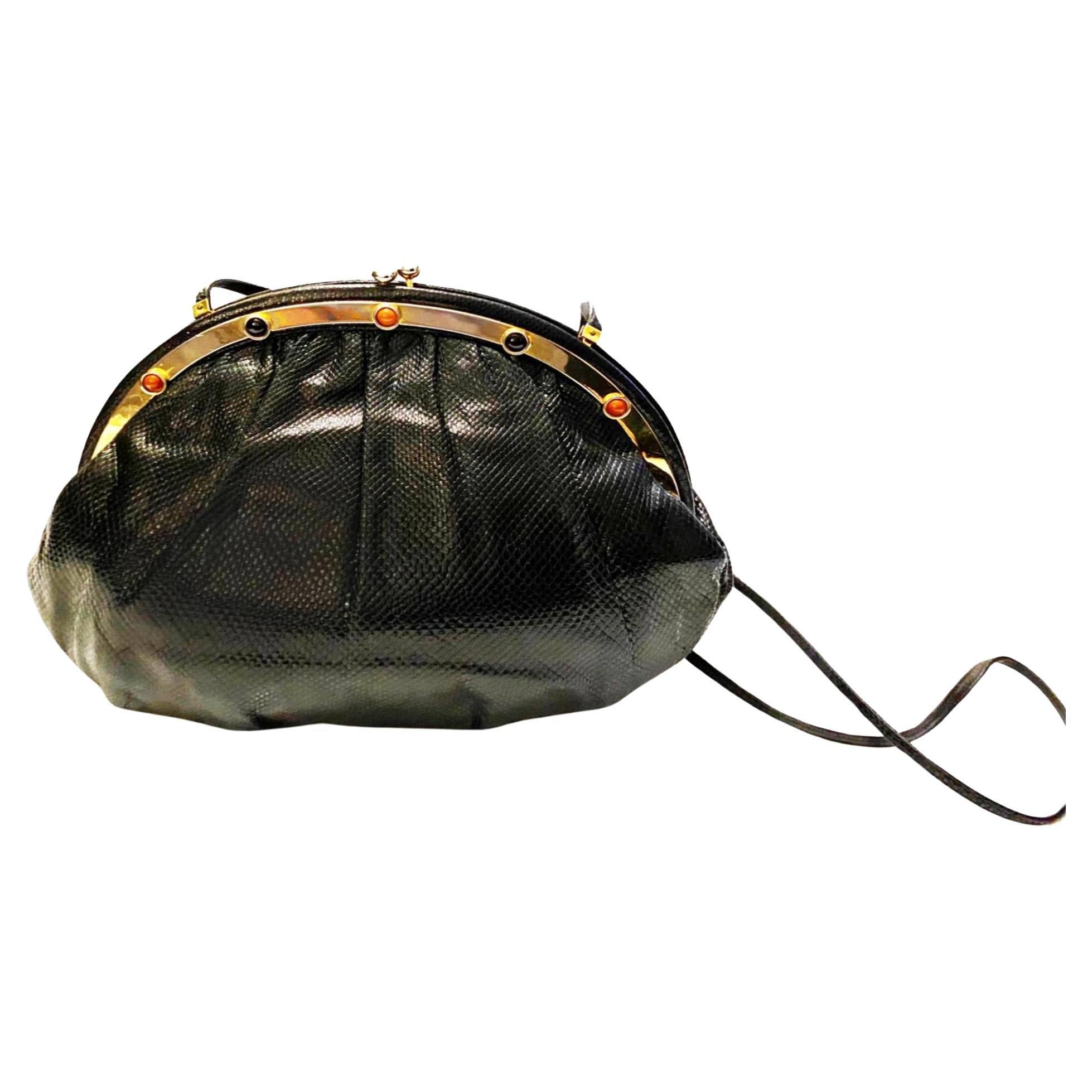 1990s Judith Leiber Karung Black Shoulder Bag with Gems and Goldware For Sale