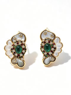 1990s Kai-Yin Lo Mother-of-Pearl, Emerald and Gem-Set Earrings in 18 Karat Gold