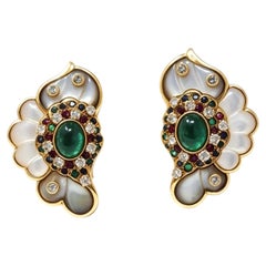 1990s Kai-Yin Lo Mother-of-Pearl, Emerald and Gem-Set Earrings in 18 Karat Gold
