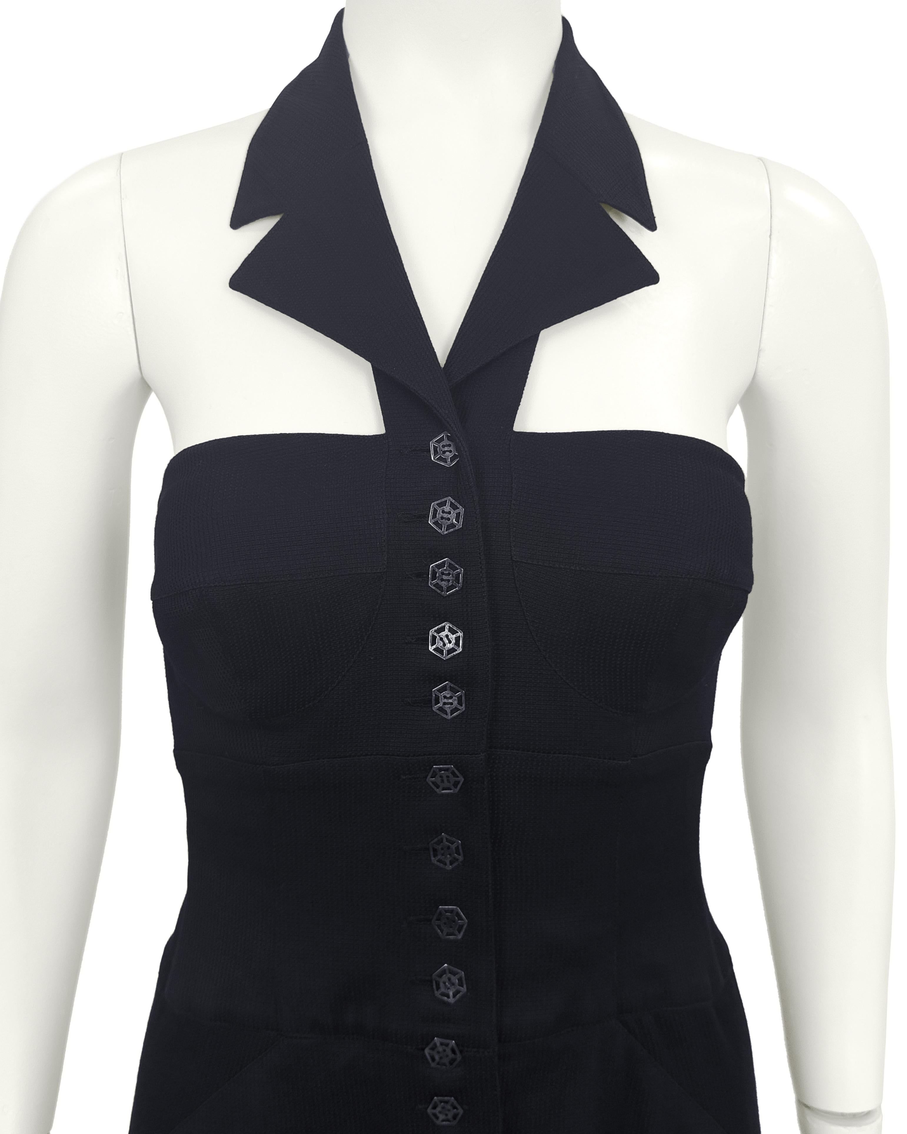 1990 Karl Lagerfeld - Robe longue à col en coton piqué noir Bon état - En vente à Toronto, Ontario