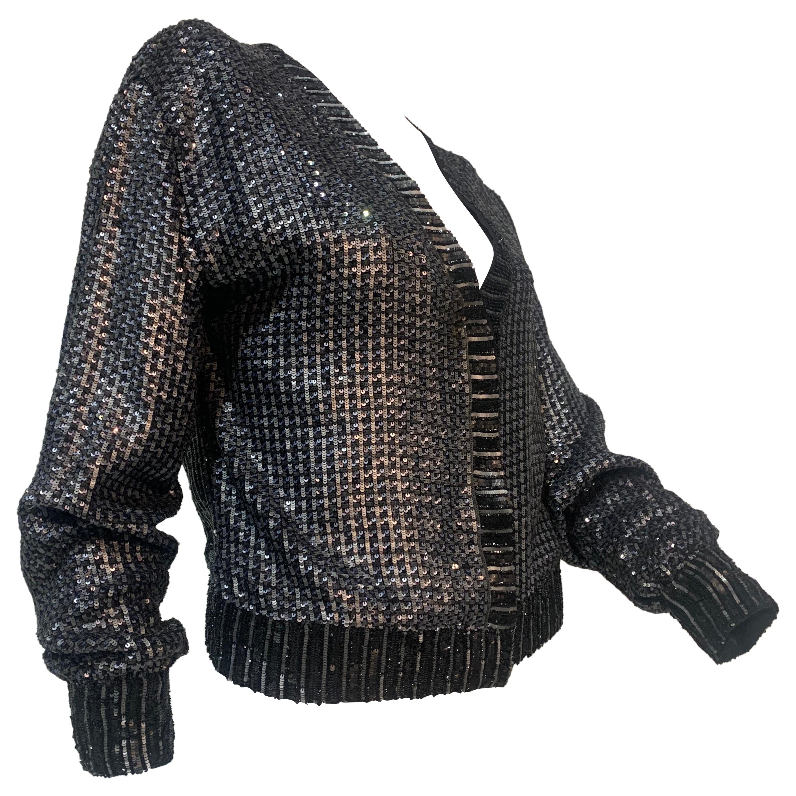 1990s Karl Lagerfeld Gunmetal Sequin Mesh and Silk Cardigan-Style Jacket