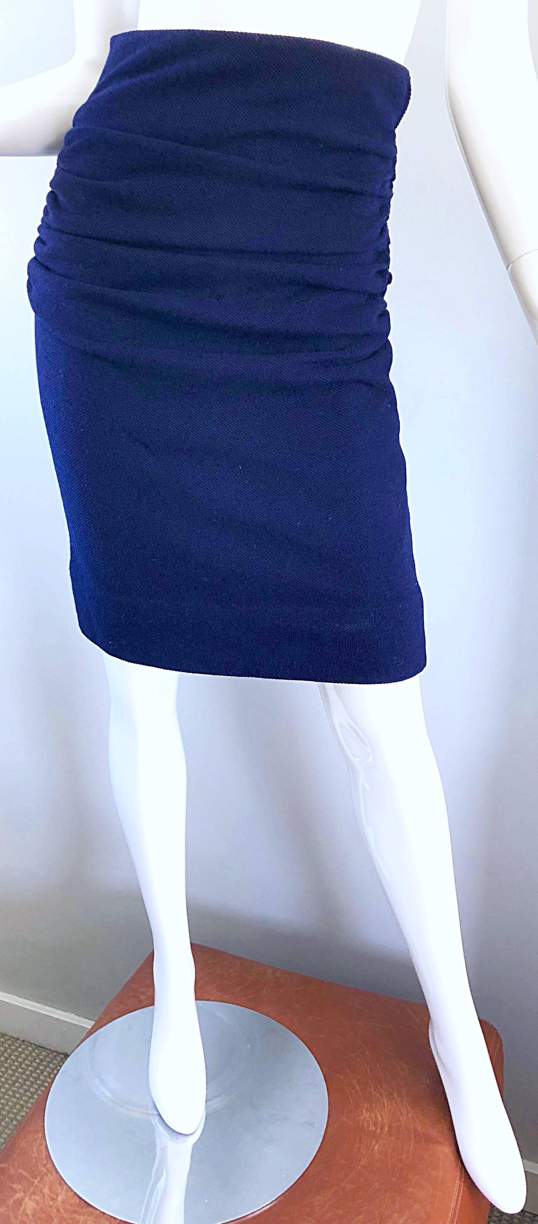 1990s Karl Lagerfeld High Waisted Navy Blue Wool Ruched 90s VIntage Pencil Skirt For Sale 6