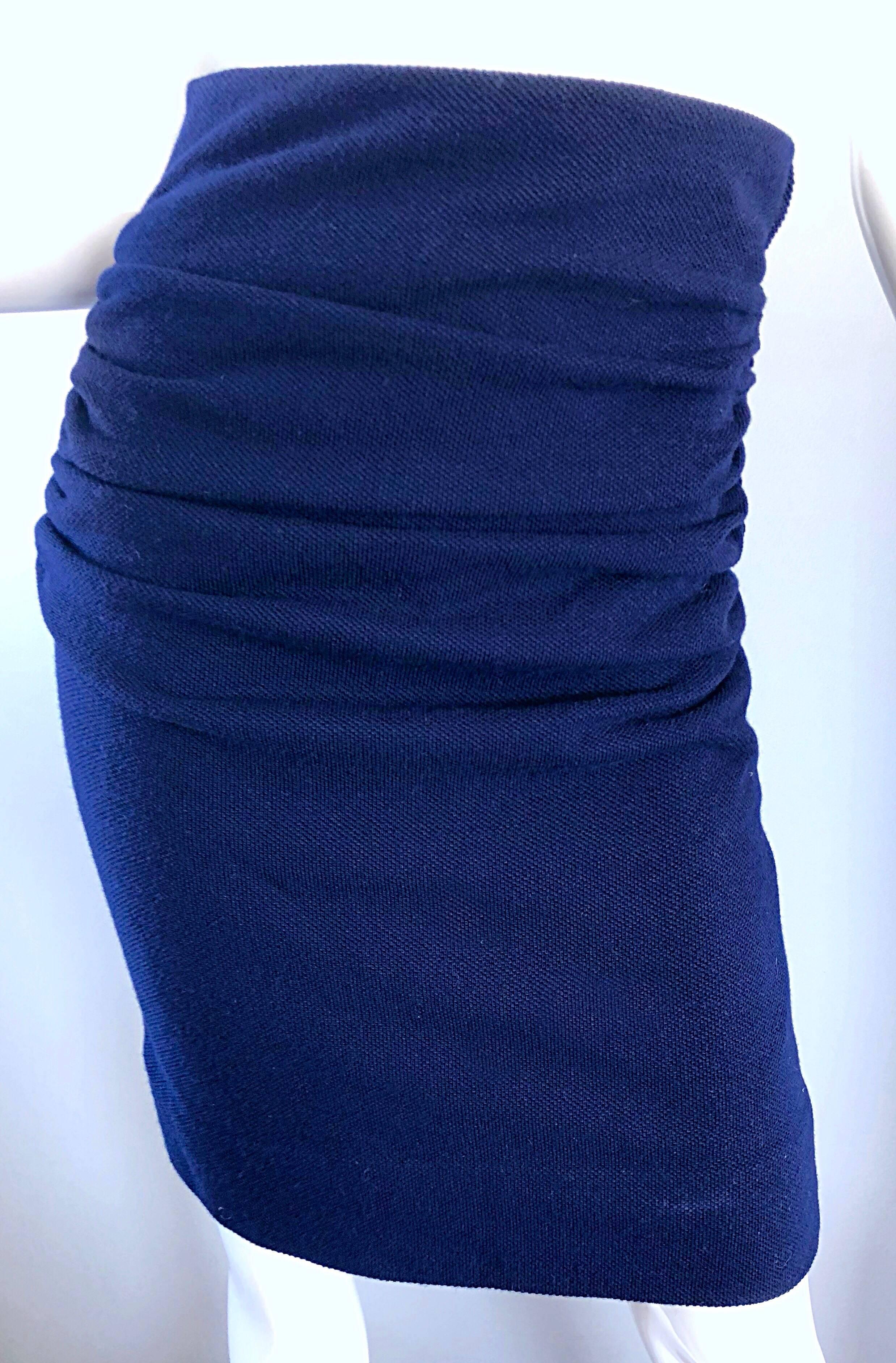Bleu Karl Lagerfeld - Jupe crayon vintage à taille haute en laine bleu marine froncée, années 1990 en vente