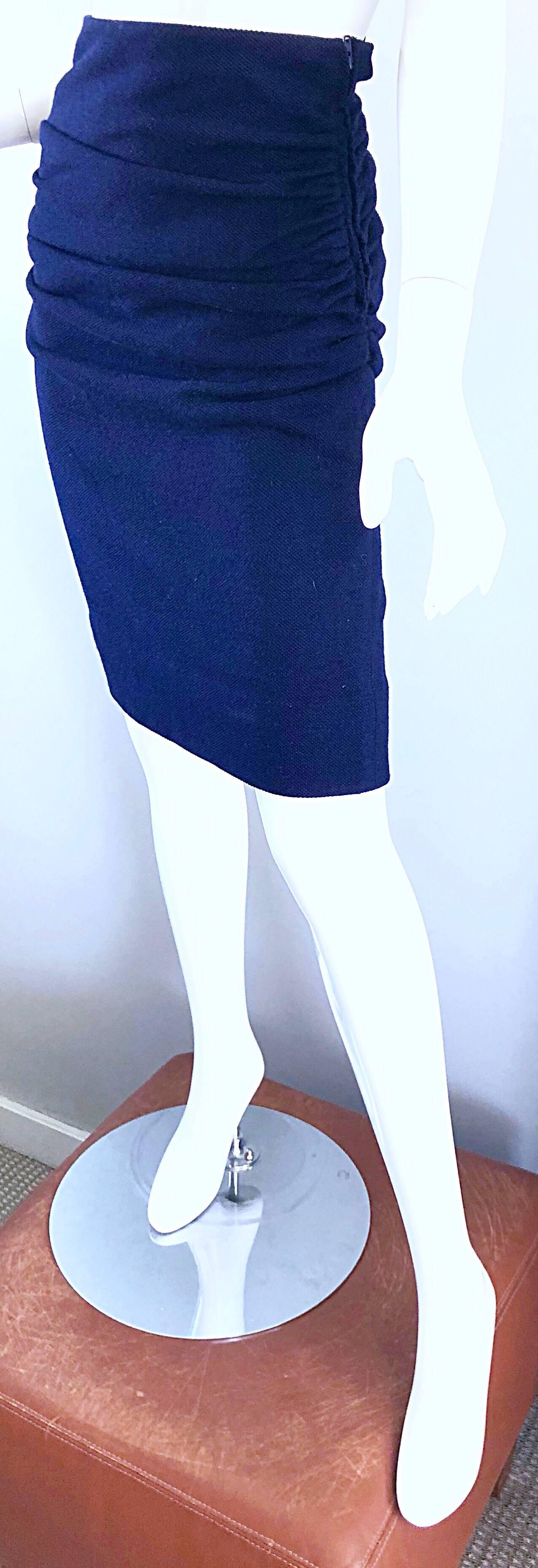 1990s Karl Lagerfeld High Waisted Navy Blue Wool Ruched 90s VIntage Pencil Skirt In Excellent Condition For Sale In San Diego, CA