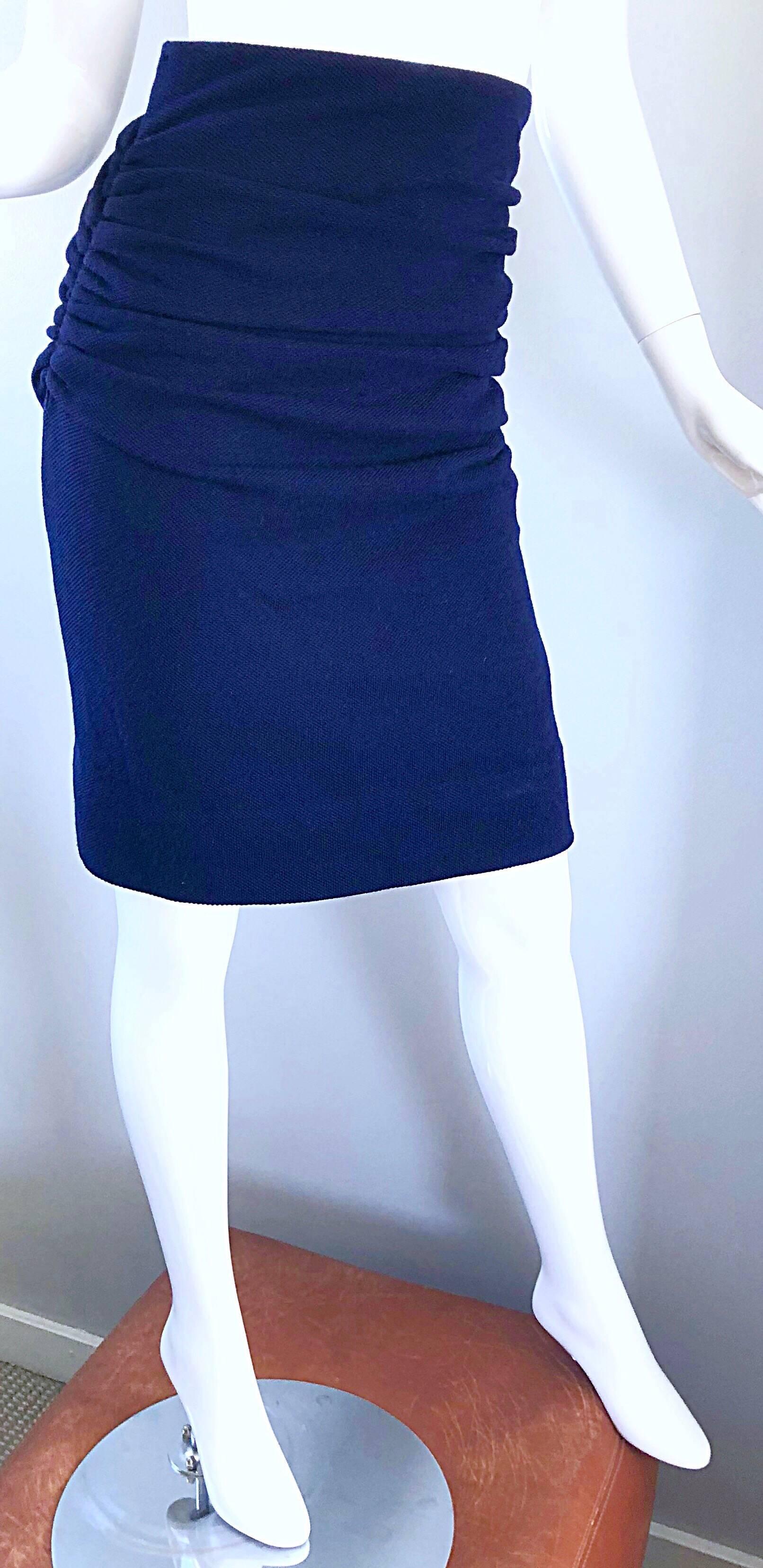 Women's 1990s Karl Lagerfeld High Waisted Navy Blue Wool Ruched 90s VIntage Pencil Skirt For Sale