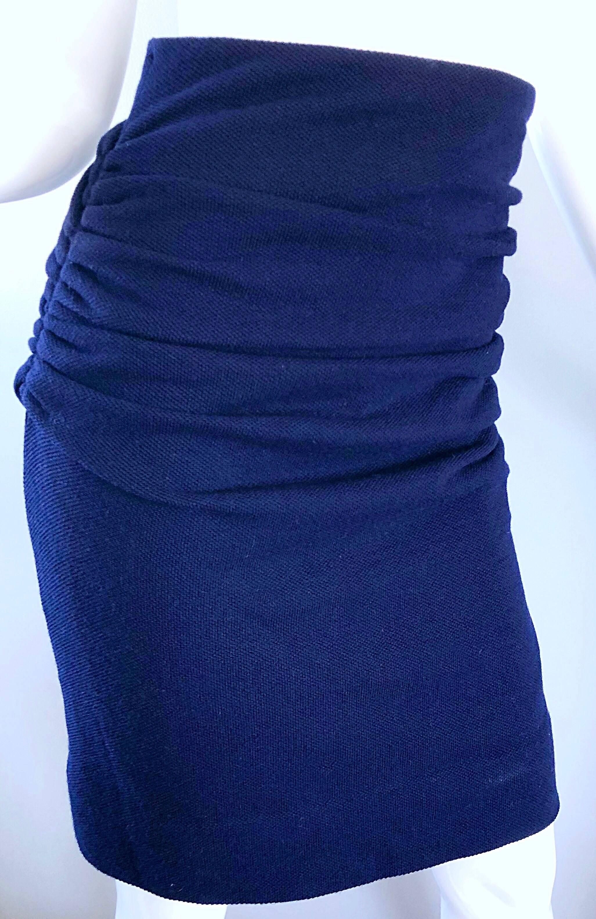 1990s Karl Lagerfeld High Waisted Navy Blue Wool Ruched 90s VIntage Pencil Skirt For Sale 1