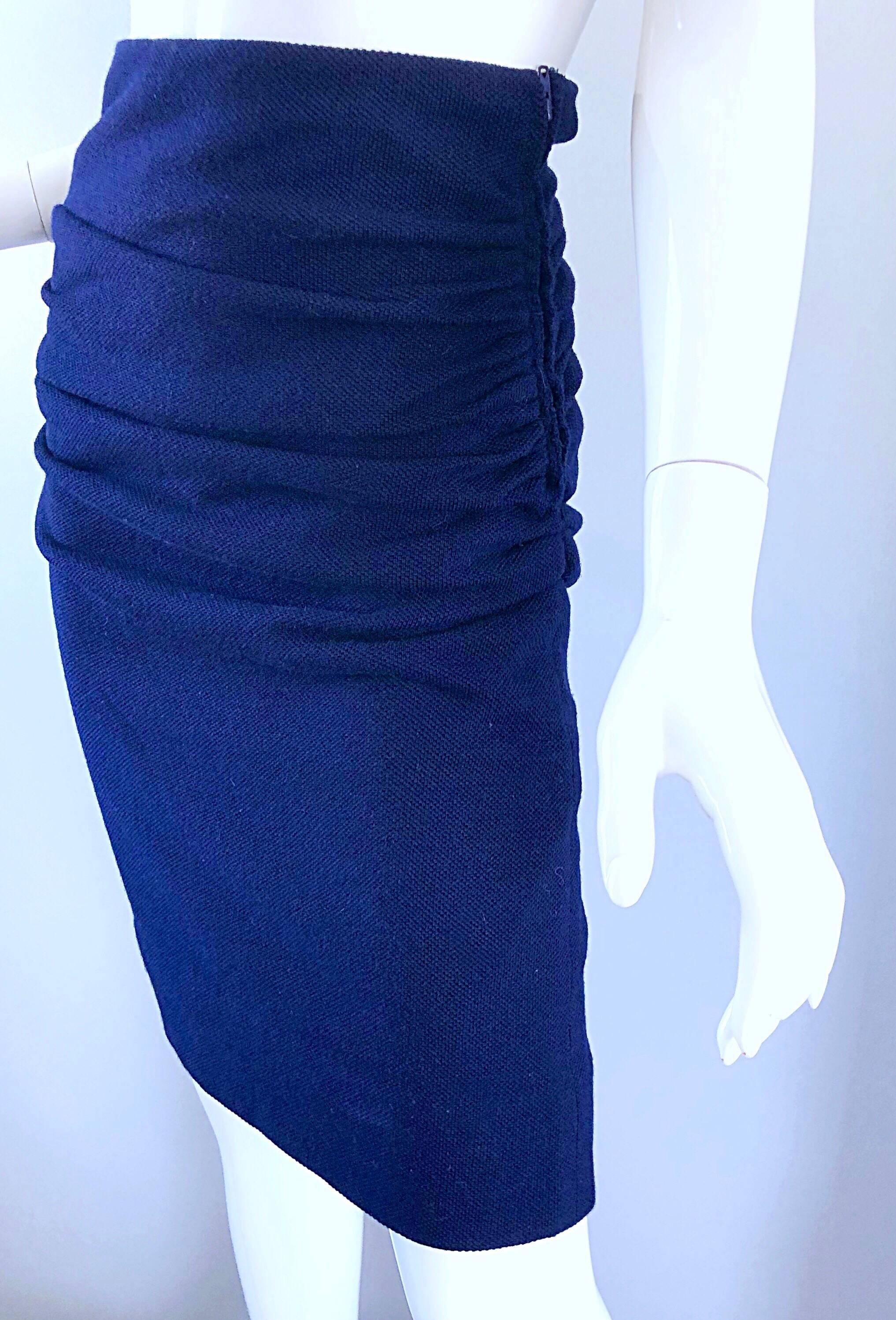 1990s Karl Lagerfeld High Waisted Navy Blue Wool Ruched 90s VIntage Pencil Skirt For Sale 2