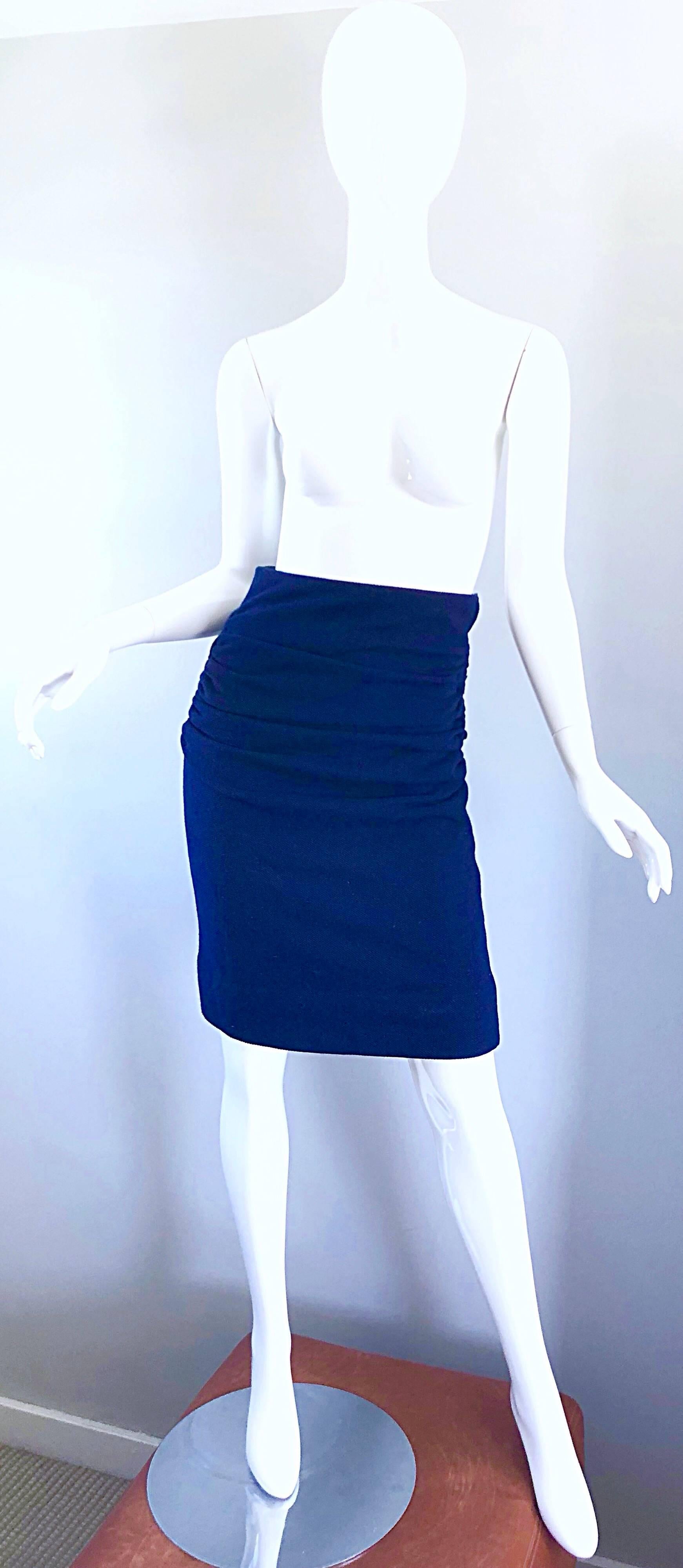 1990s Karl Lagerfeld High Waisted Navy Blue Wool Ruched 90s VIntage Pencil Skirt For Sale 3