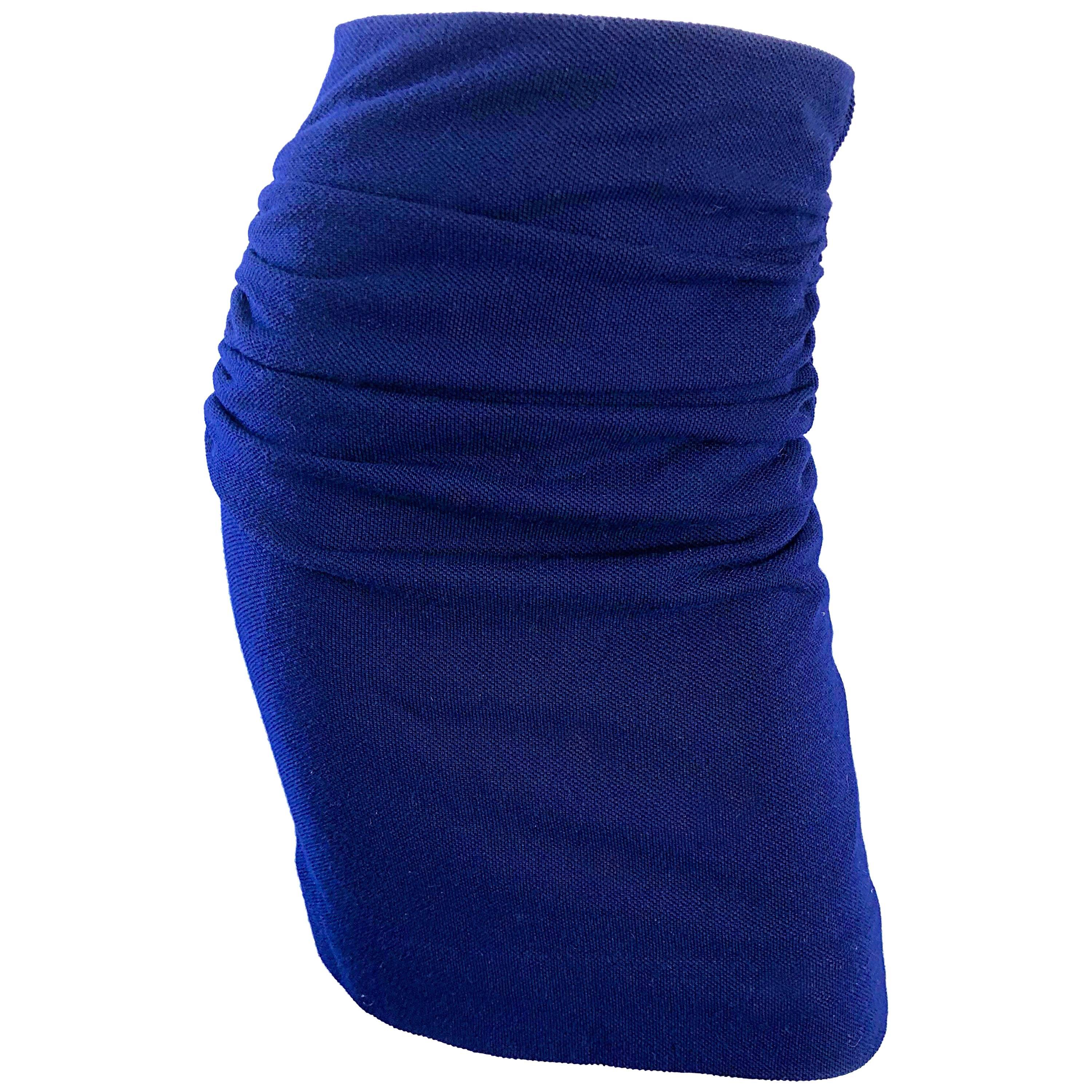 1990s Karl Lagerfeld Falda lápiz de cintura alta de lana azul marino fruncida de los 90s VIntage