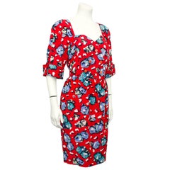 1990s Karl Lagerfeld Red Silk Floral Dress