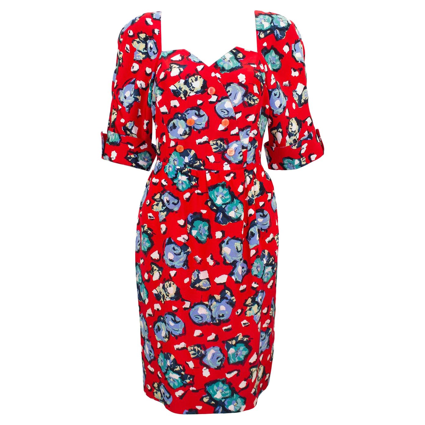 1990s Karl Lagerfeld Red Silk Floral Dress  For Sale