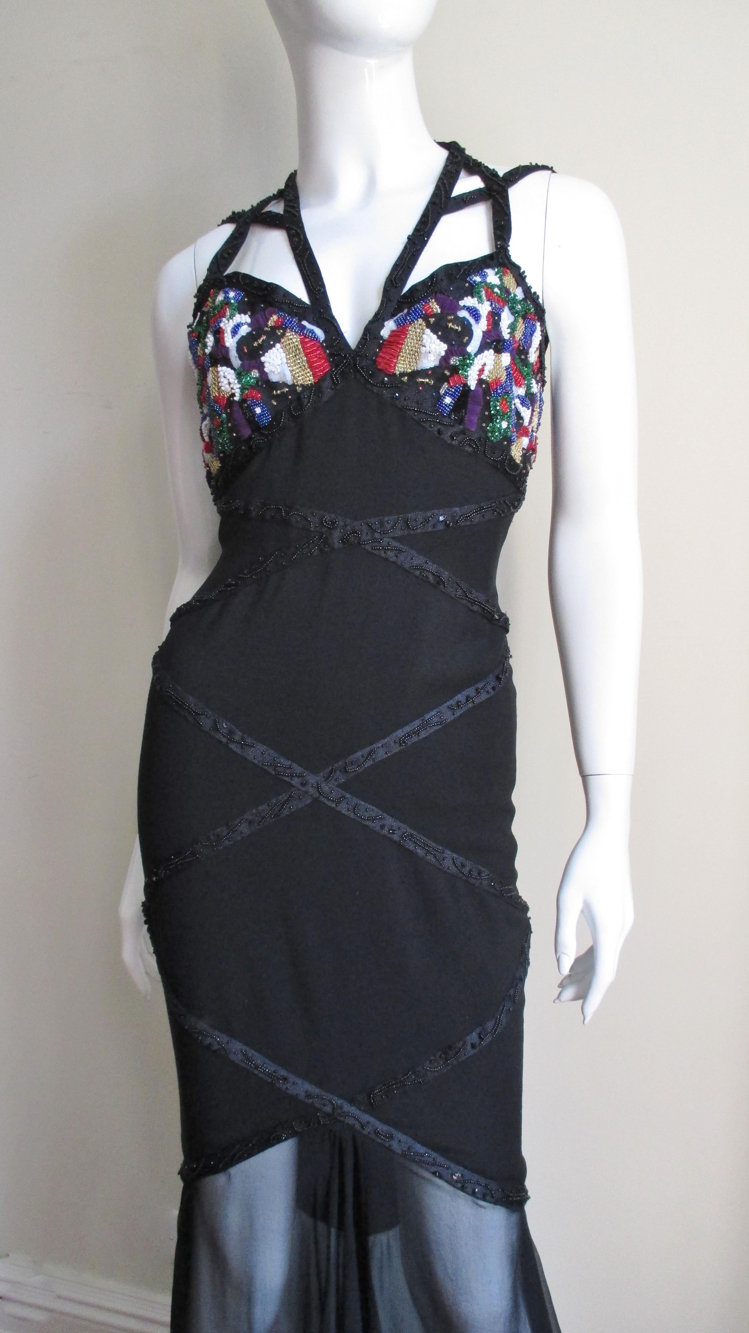  Karl Lagerfeld Silk SS 1993 Ad Campaign Halter Gown with Beading In Excellent Condition For Sale In Water Mill, NY