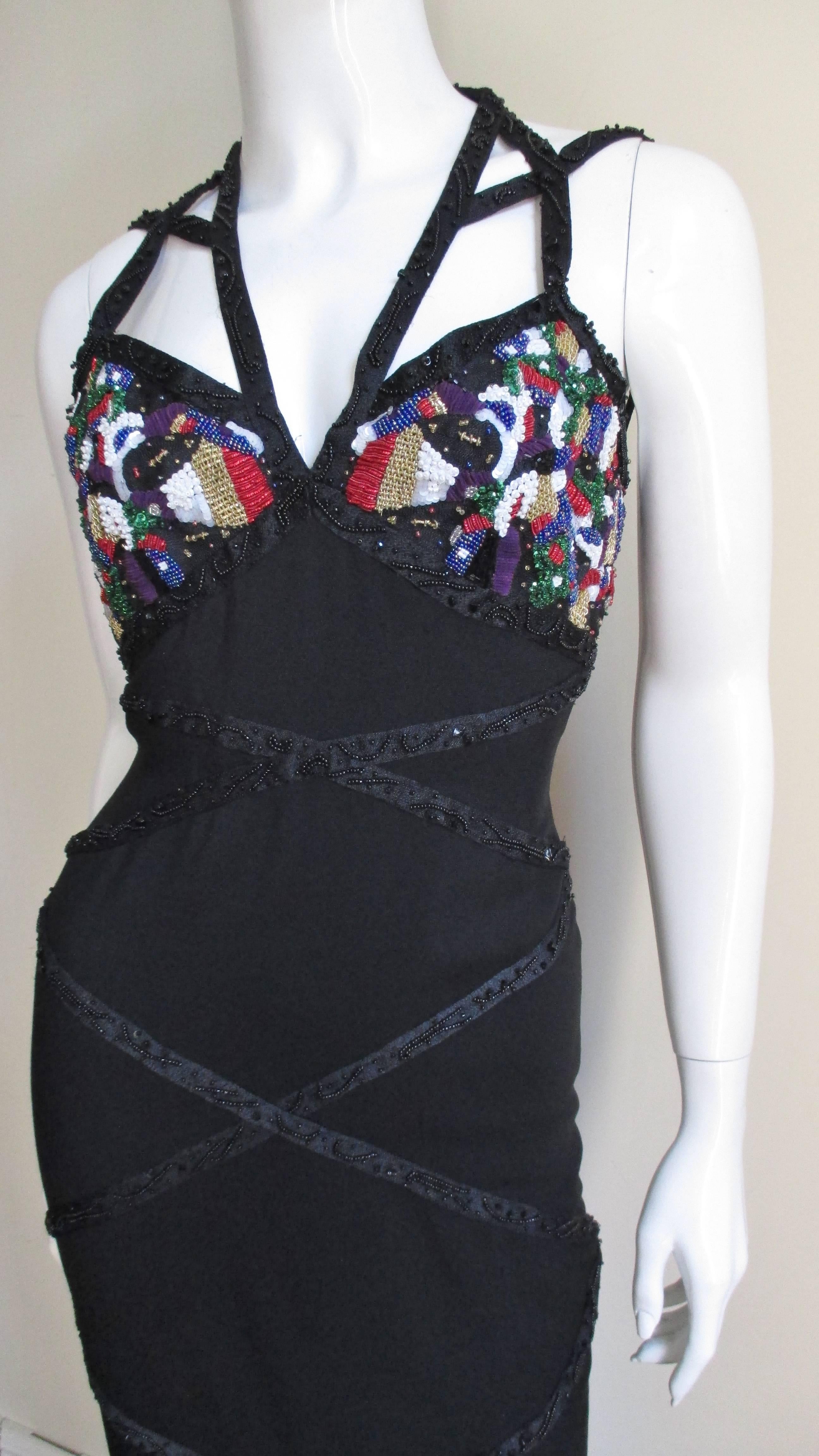  Karl Lagerfeld Silk SS 1993 Ad Campaign Halter Gown with Beading In Excellent Condition For Sale In Water Mill, NY