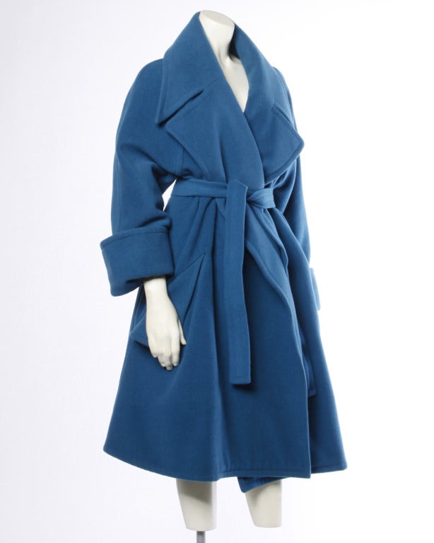 1990s Karl Lagerfeld Vintage Teal Blue Soft Angora Wool + Alpaca Trench Coat In Excellent Condition For Sale In Sparks, NV