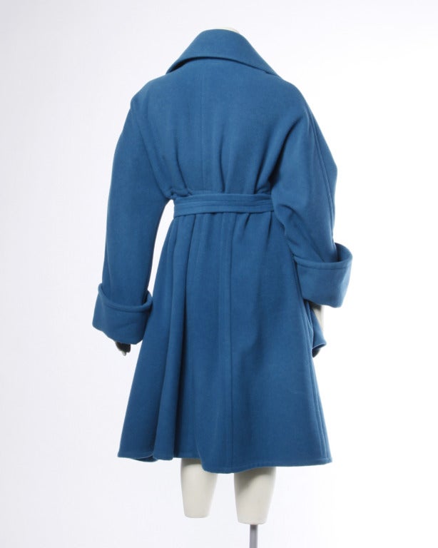 Women's 1990s Karl Lagerfeld Vintage Teal Blue Soft Angora Wool + Alpaca Trench Coat For Sale