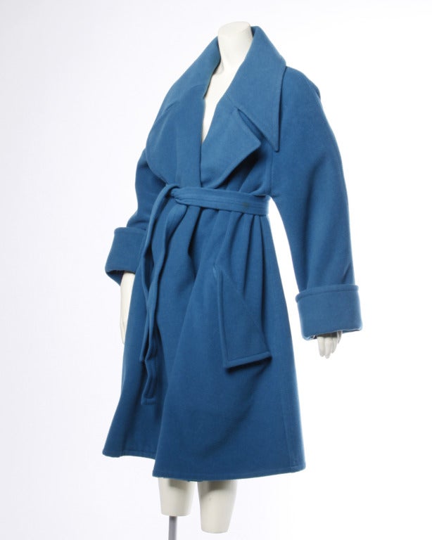 1990s Karl Lagerfeld Vintage Teal Blue Soft Angora Wool + Alpaca Trench Coat For Sale 1
