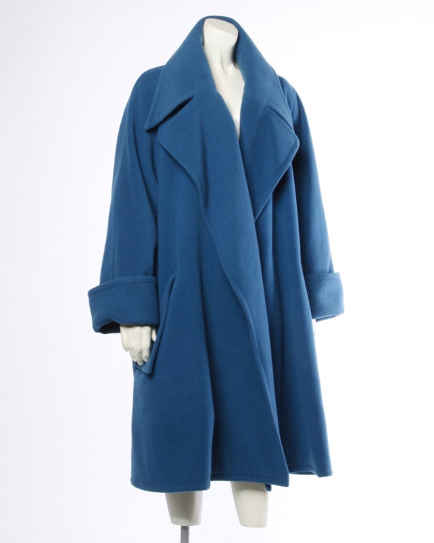 1990s Karl Lagerfeld Vintage Teal Blue Soft Angora Wool + Alpaca Trench Coat For Sale 2