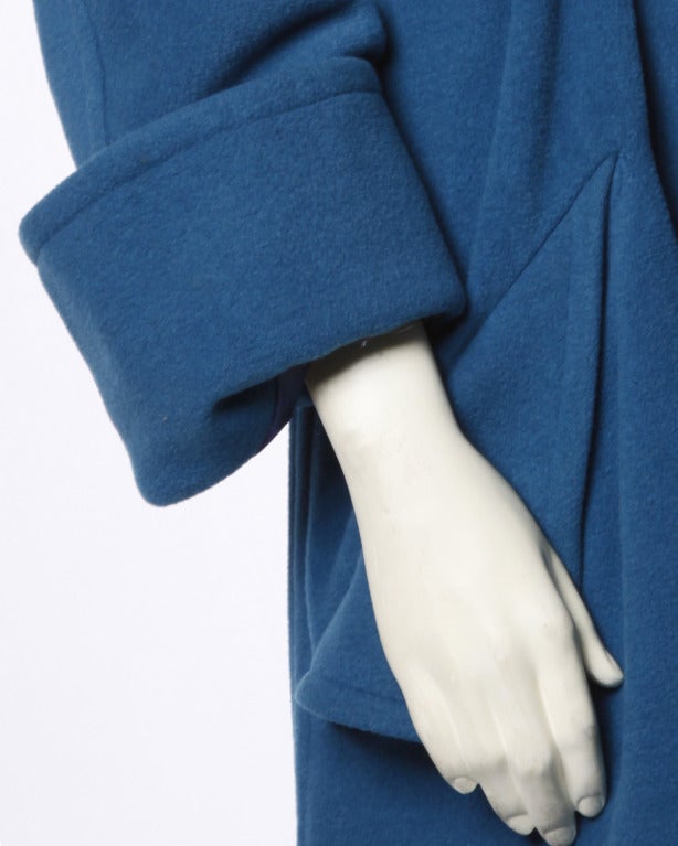 1990s Karl Lagerfeld Vintage Teal Blue Soft Angora Wool + Alpaca Trench Coat For Sale 4