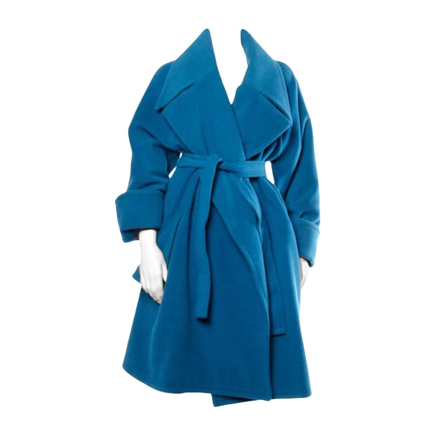 1990s Karl Lagerfeld Vintage Teal Blue Soft Angora Wool + Alpaca Trench Coat