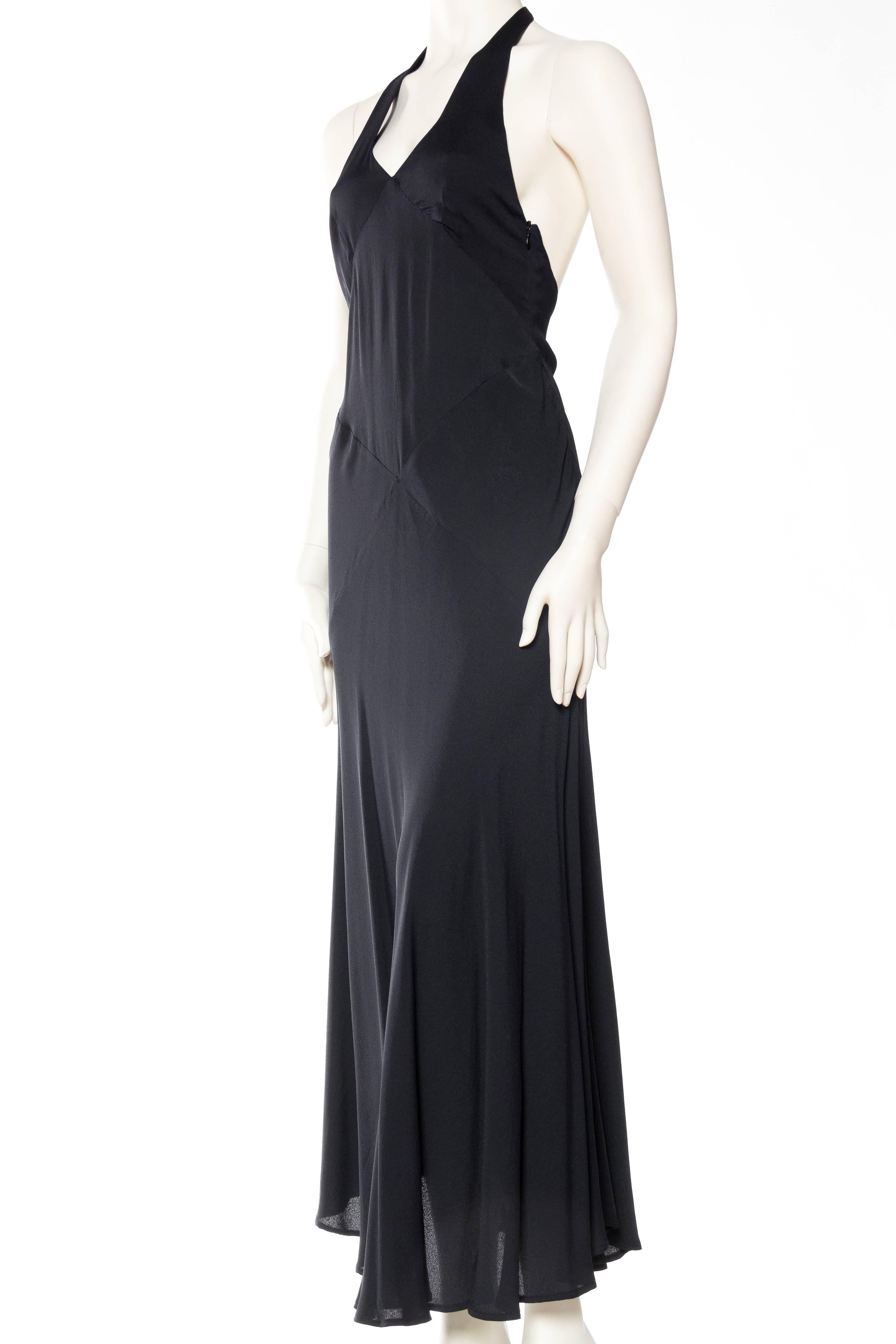 Women's 1990s Katharine Hamnett Black Bias Cut Rayon Crepe Backless 30s style Gown