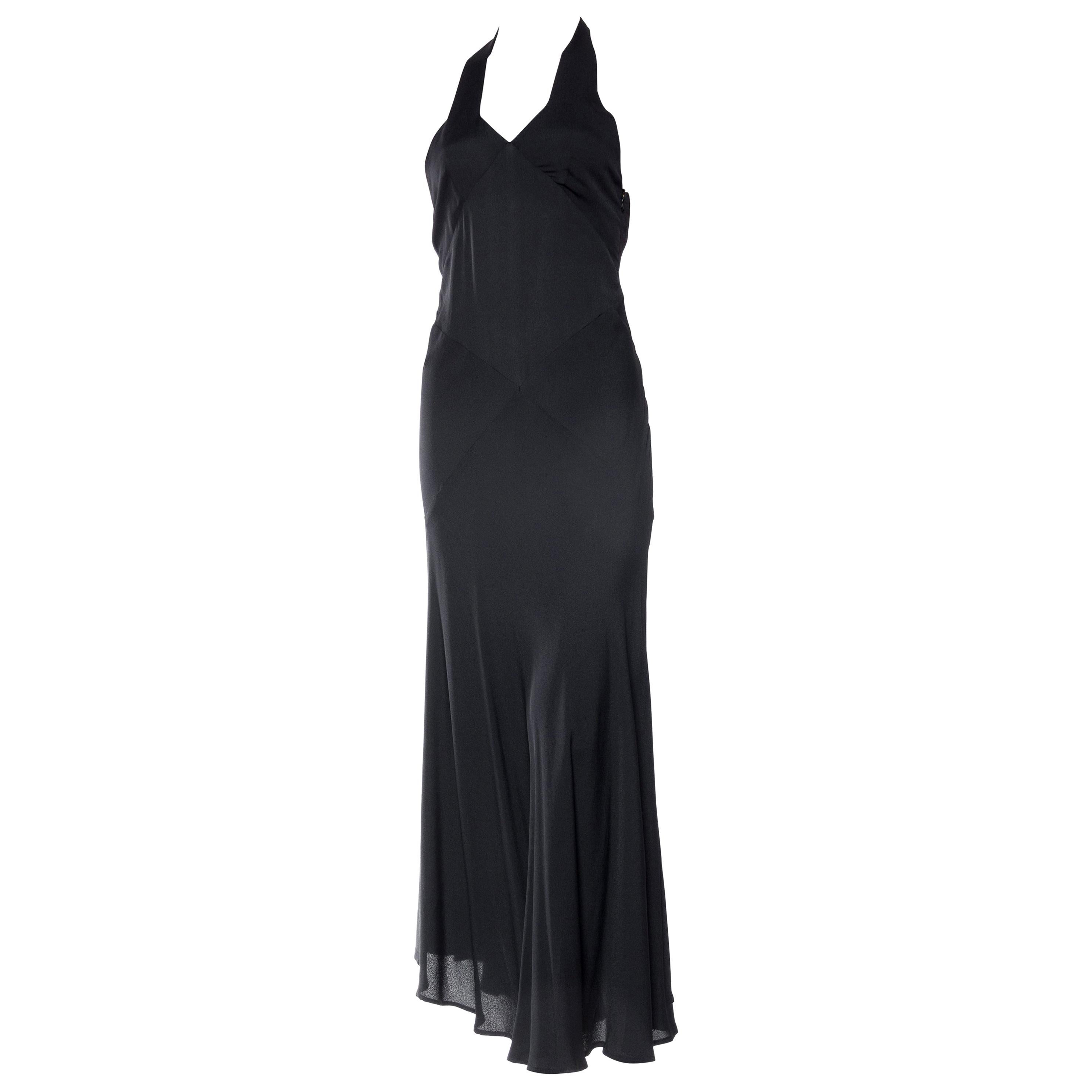 1990s Katharine Hamnett Black Bias Cut Rayon Crepe Backless 30s style Gown