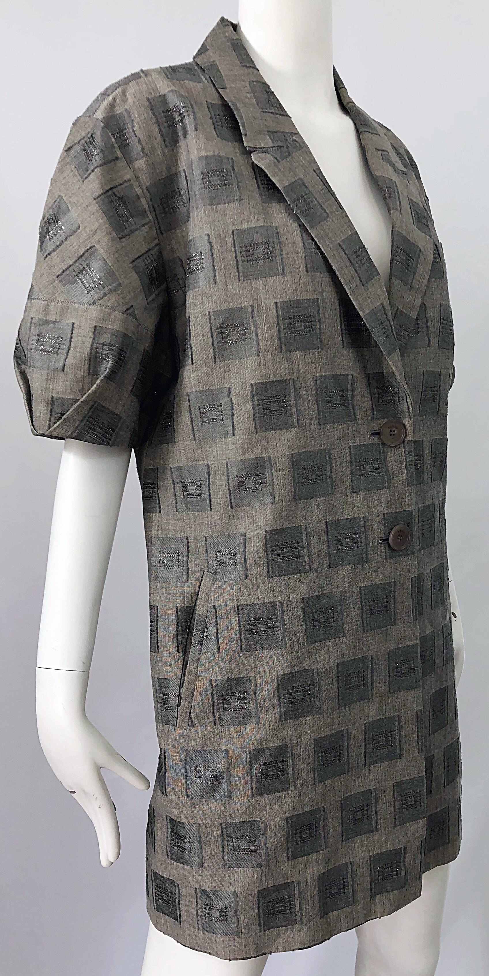 1990s Kenzo Gray Metallic Short Sleeve Size 42 / US 10 Vintage Blazer 90s Jacket For Sale 8