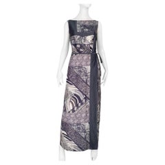 1990s Kenzo Jungle 100% silk metallic grey printed skirt and top ensemble