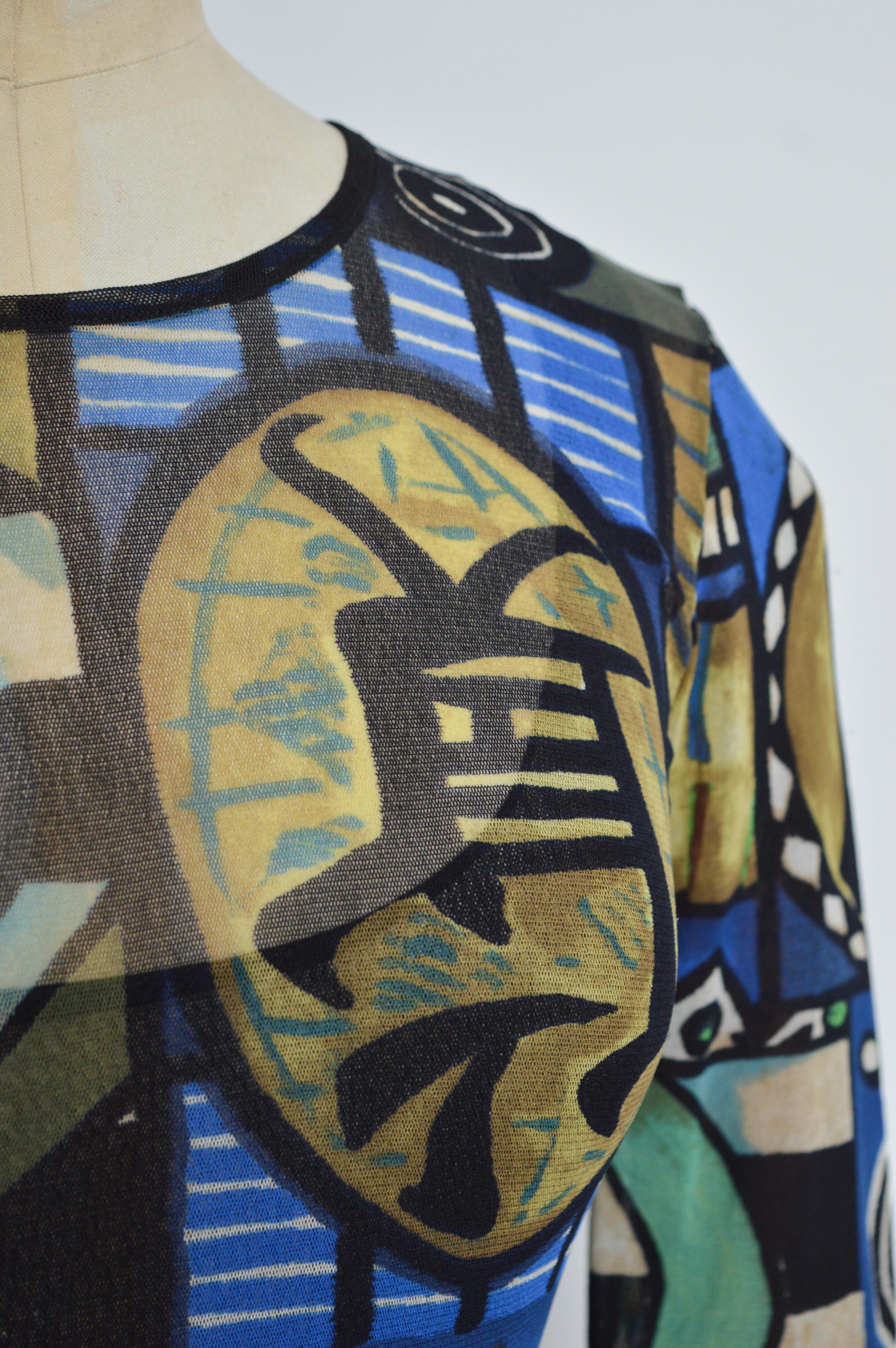 1990s KENZO Micro Mesh Blue abstract art print long sleeve maxi dress For Sale 5