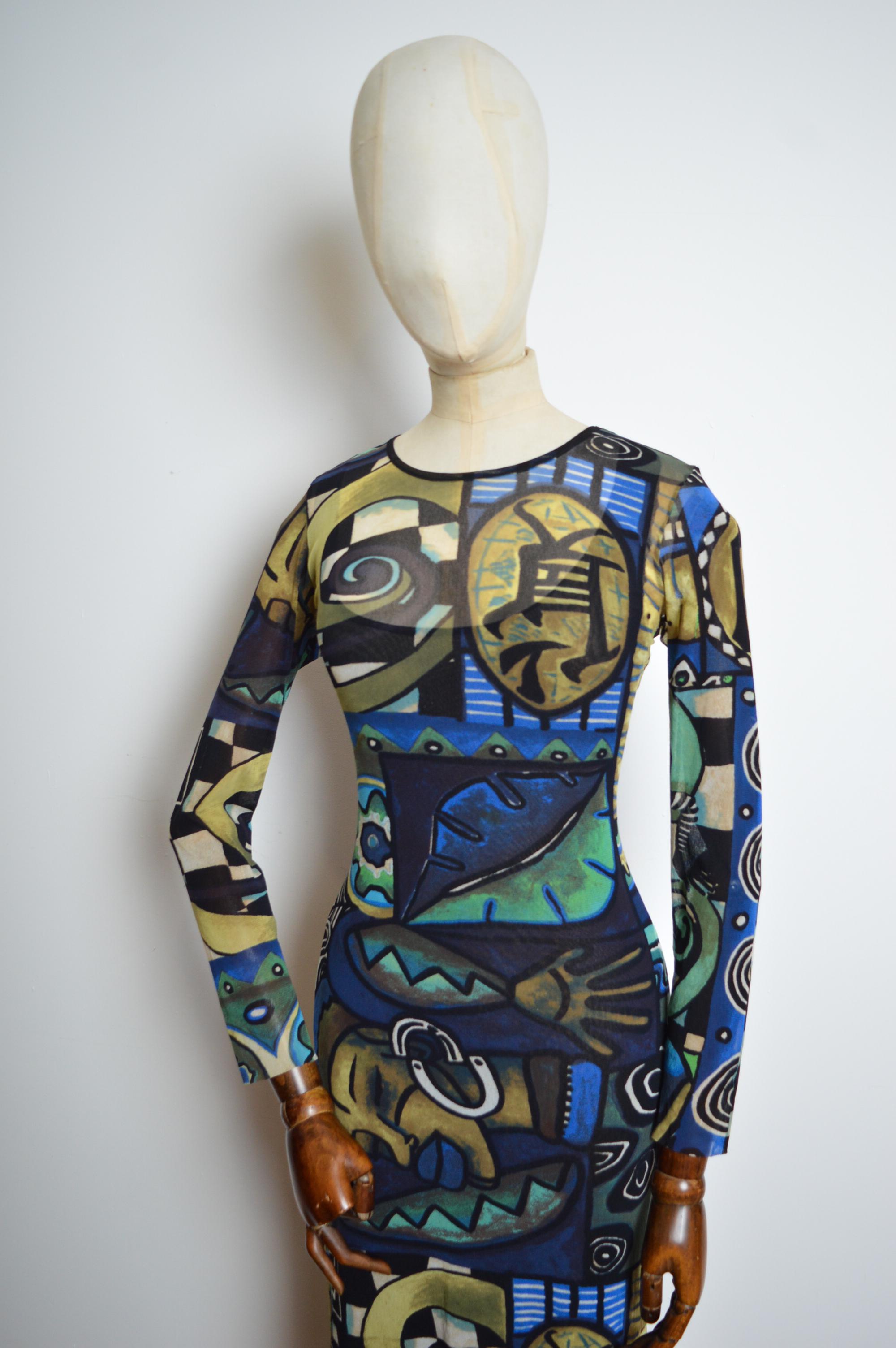 Black 1990s KENZO Micro Mesh Blue abstract art print long sleeve maxi dress For Sale