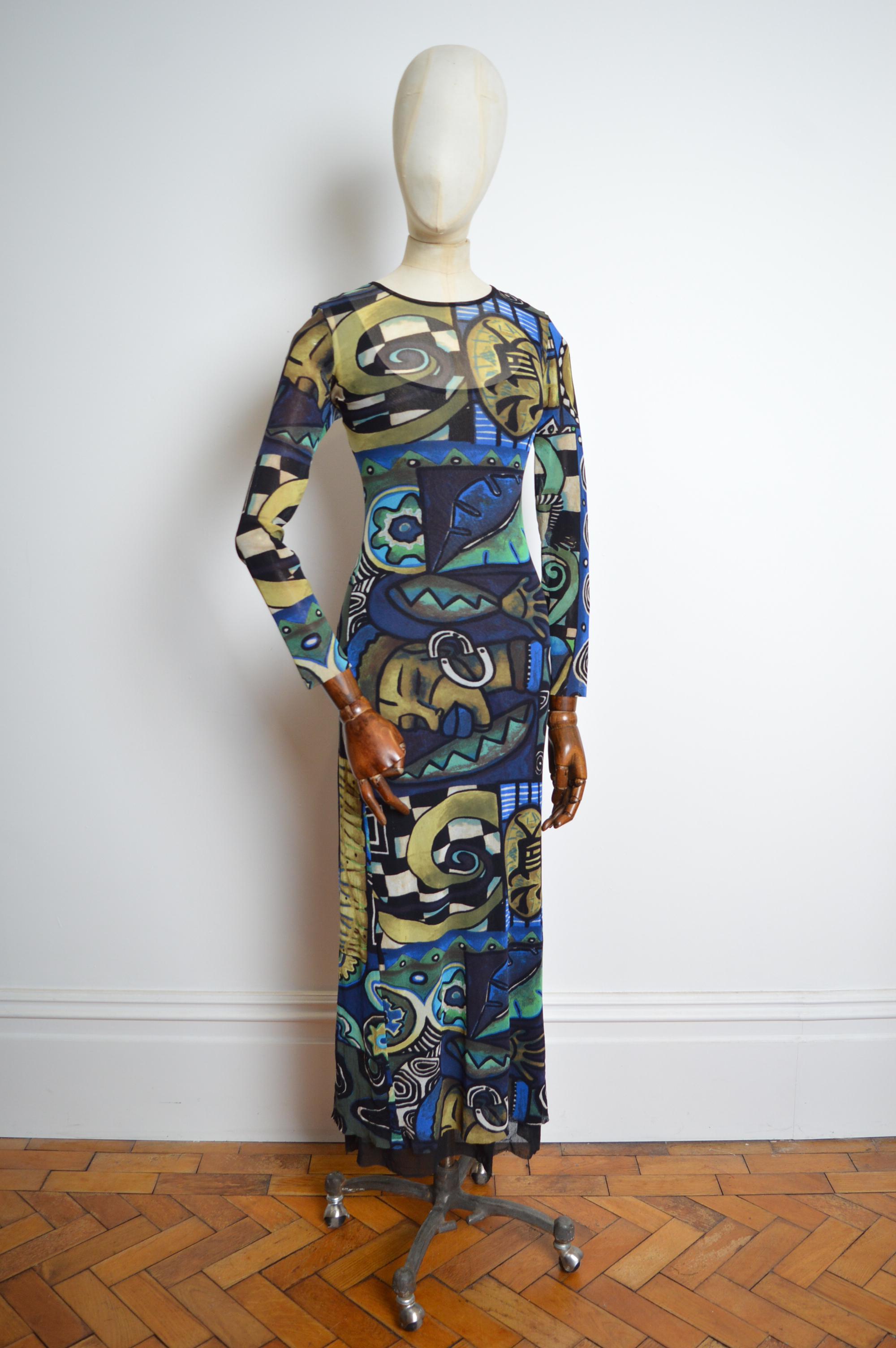 1990s KENZO Micro Mesh Blue abstract art print long sleeve maxi dress In Good Condition For Sale In Sheffield, GB