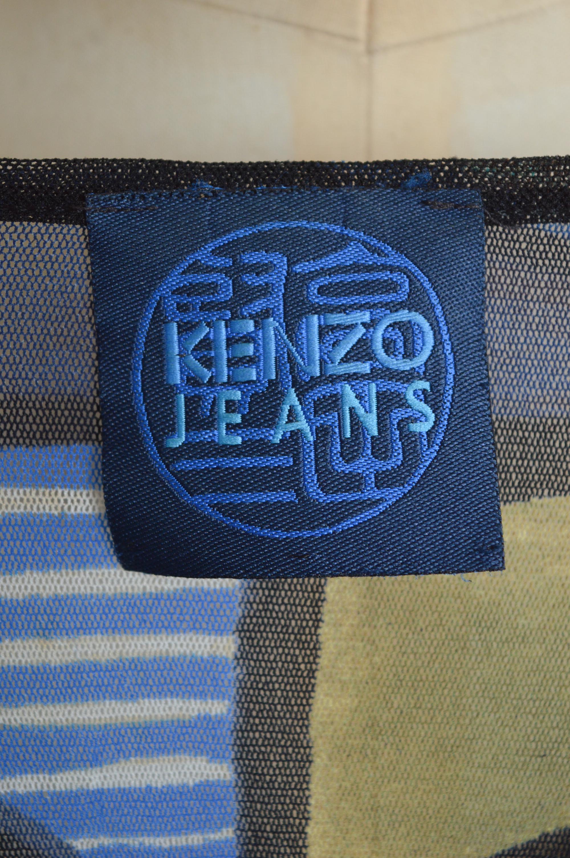 1990s KENZO Micro Mesh Blue abstract art print long sleeve maxi dress For Sale 1
