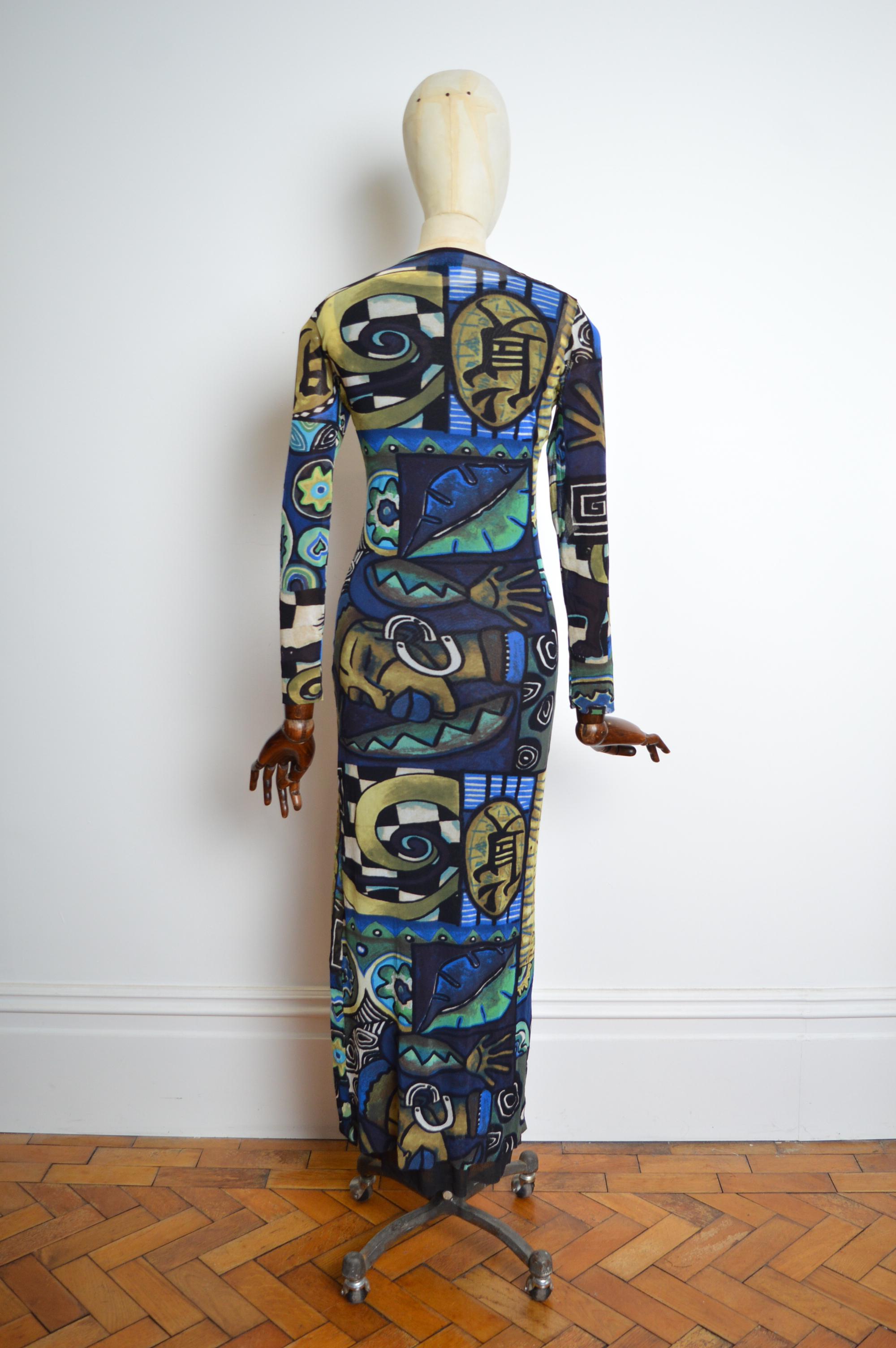 1990s KENZO Micro Mesh Blue abstract art print long sleeve maxi dress For Sale 2