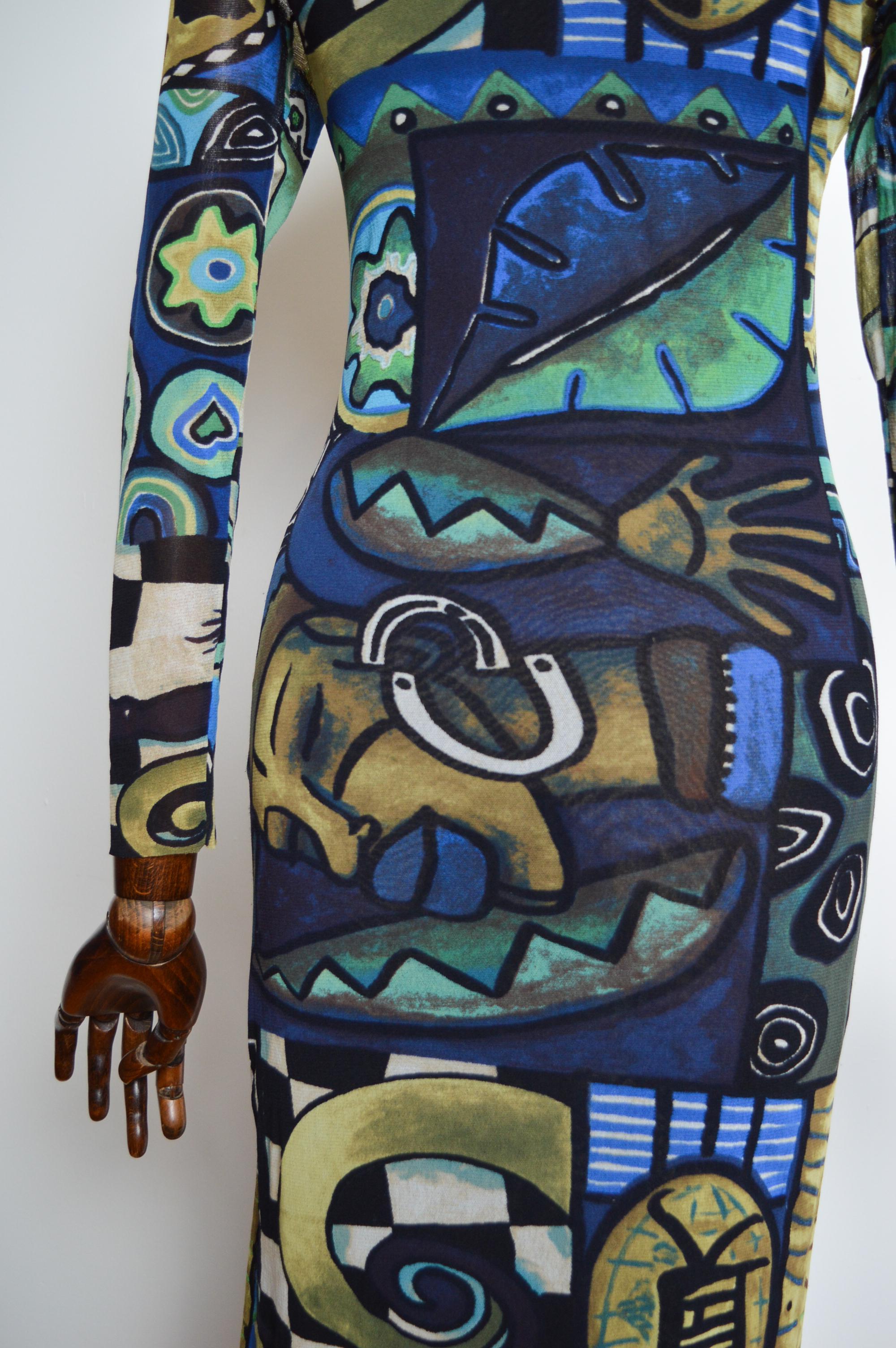 1990s KENZO Micro Mesh Blue abstract art print long sleeve maxi dress For Sale 3