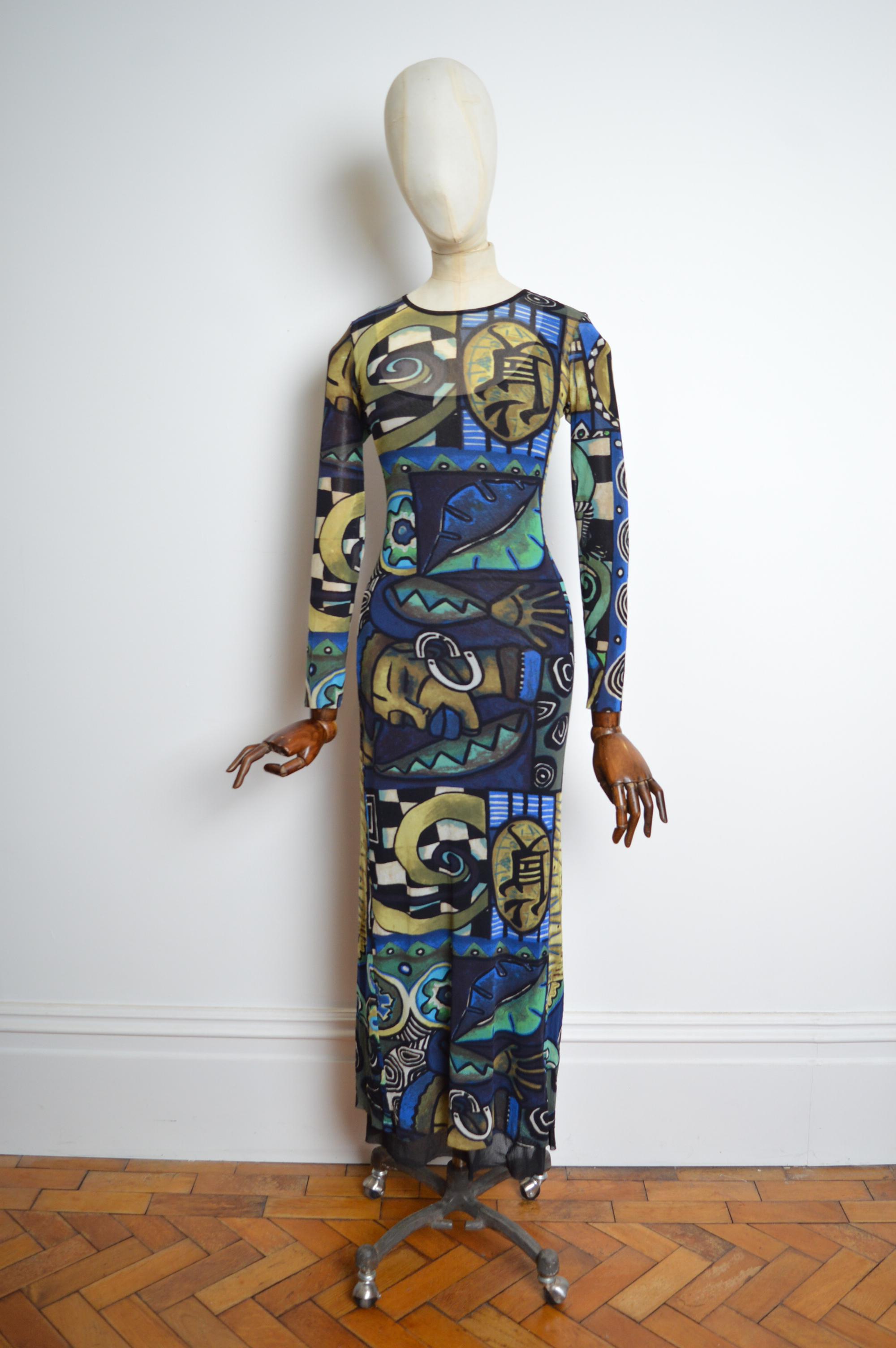 1990s KENZO Micro Mesh Blue abstract art print long sleeve maxi dress For Sale 4