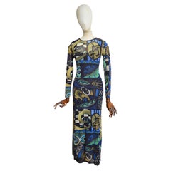 1990s KENZO Micro Mesh Blue abstract art print long sleeve maxi dress