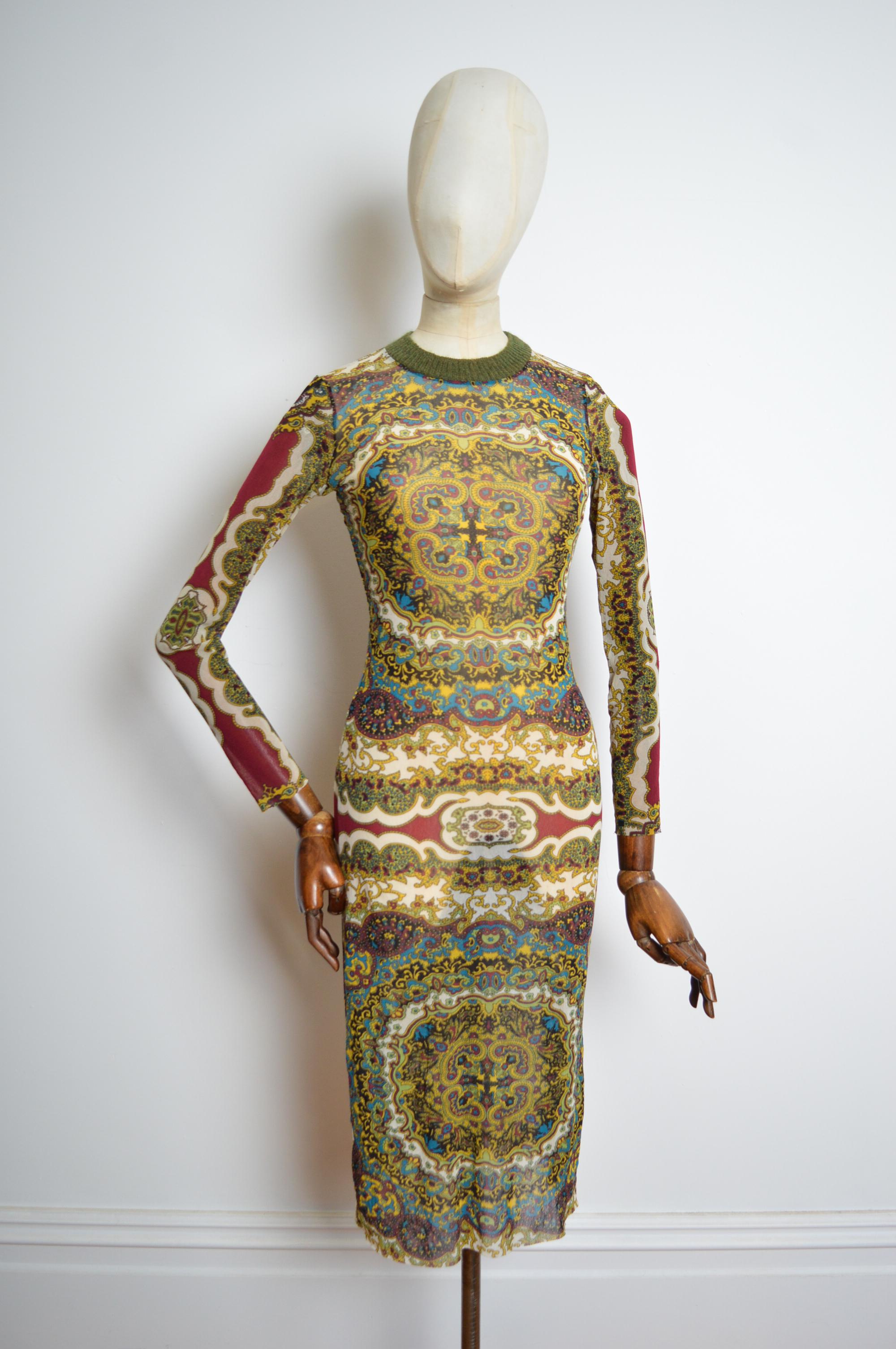 1990s KENZO Micro Mesh eastern Kaleidoscope Paisley print long sleeve maxi dress For Sale 6