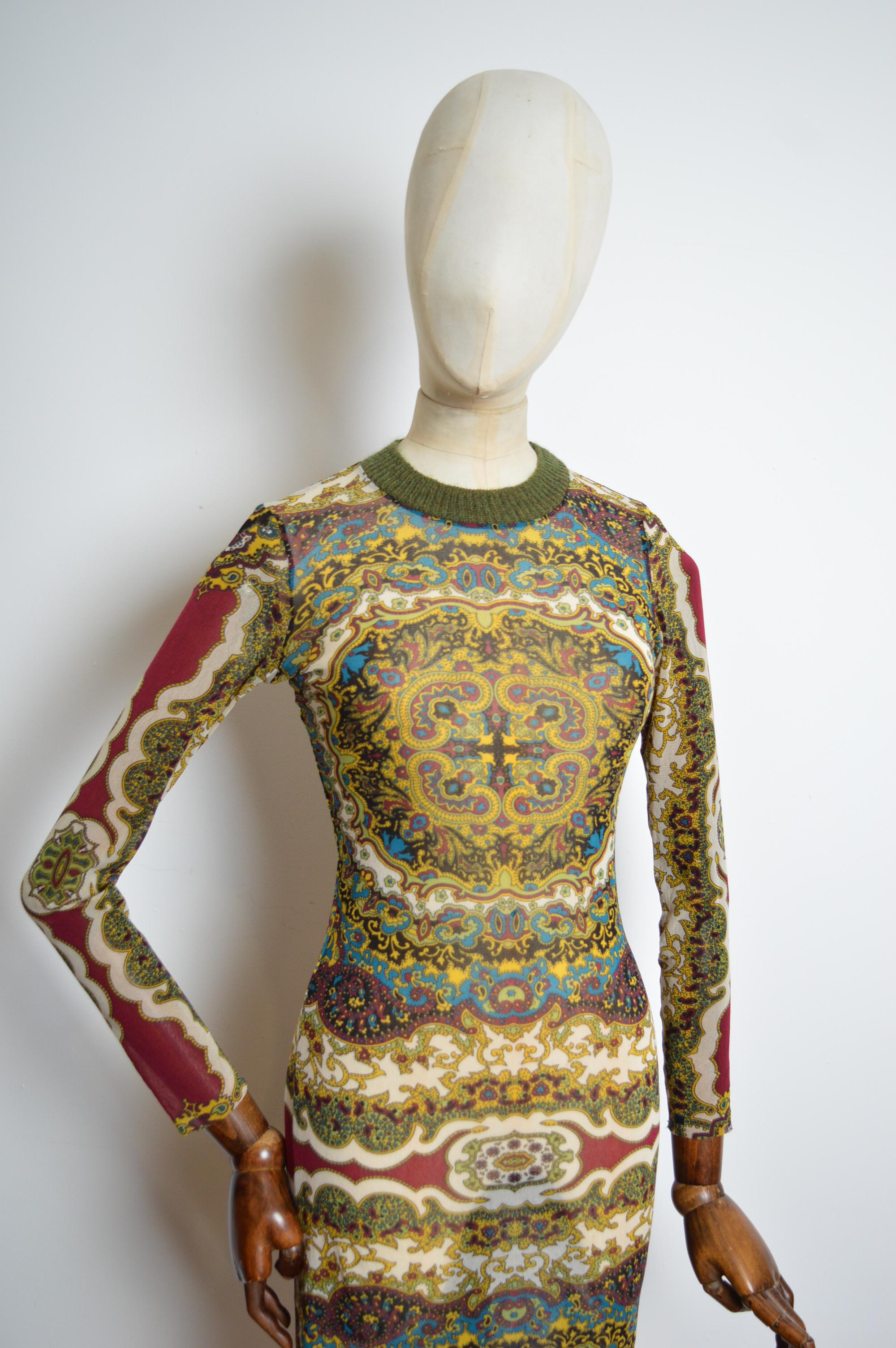 1990s KENZO Micro Mesh eastern Kaleidoscope Paisley print long sleeve maxi dress For Sale 7