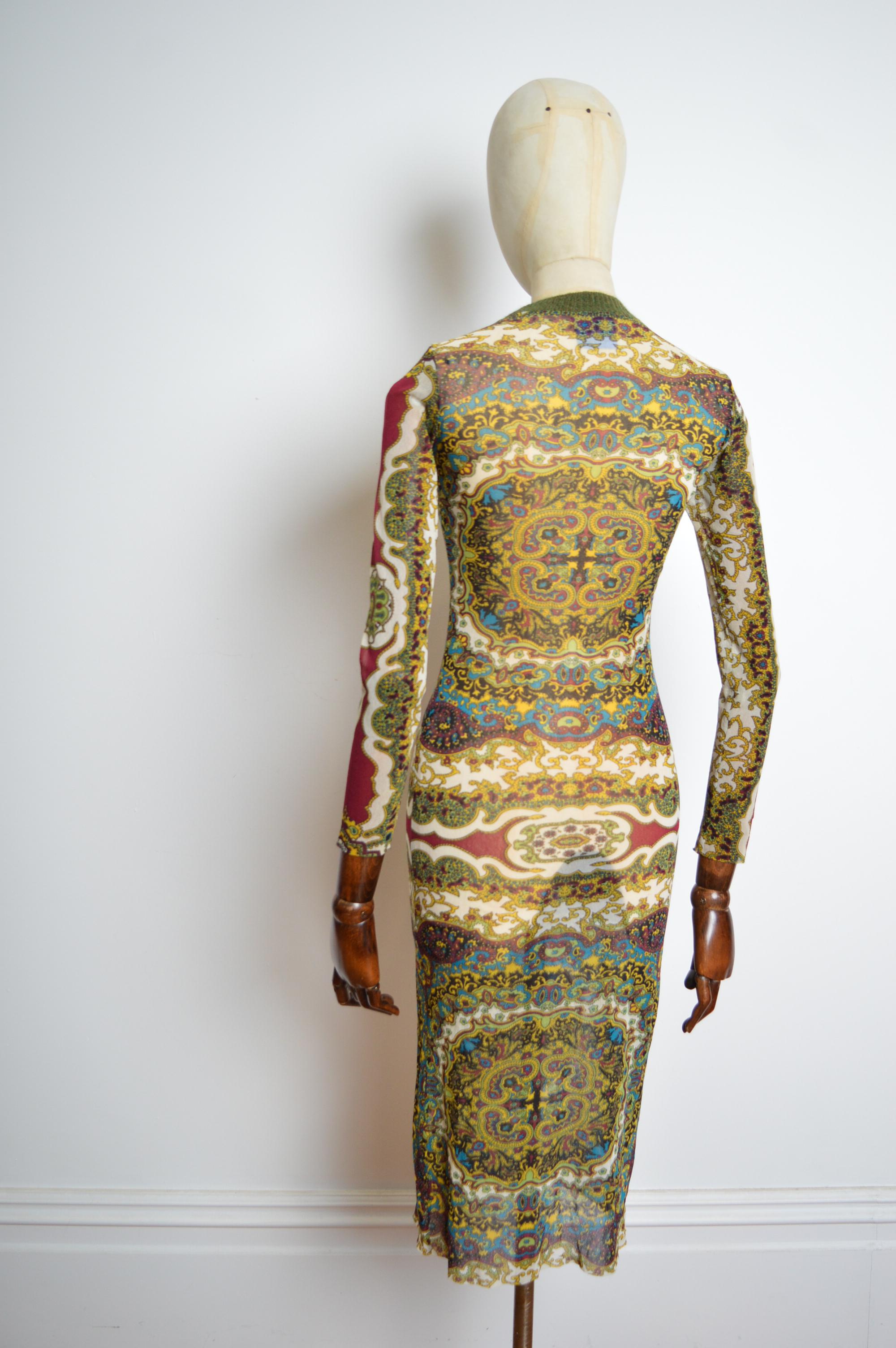 1990s KENZO Micro Mesh eastern Kaleidoscope Paisley print long sleeve maxi dress For Sale 8