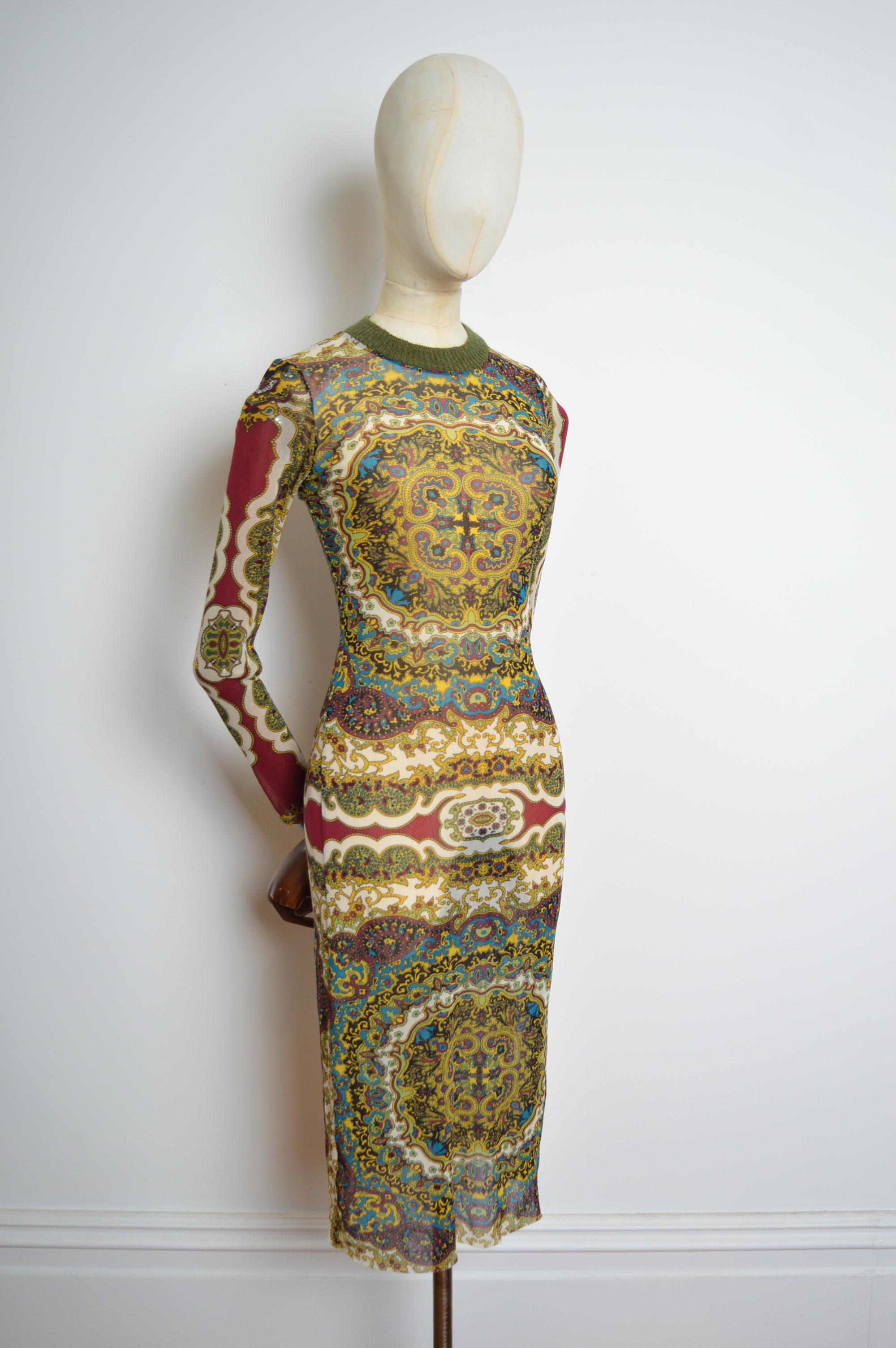 Brown 1990s KENZO Micro Mesh eastern Kaleidoscope Paisley print long sleeve maxi dress For Sale