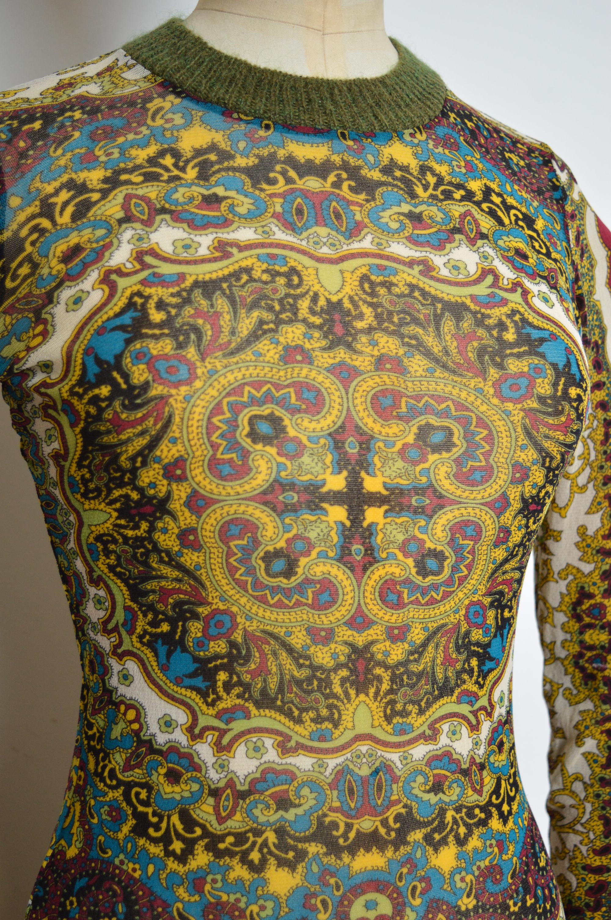 1990s KENZO Micro Mesh eastern Kaleidoscope Paisley print long sleeve maxi dress In Good Condition For Sale In Sheffield, GB