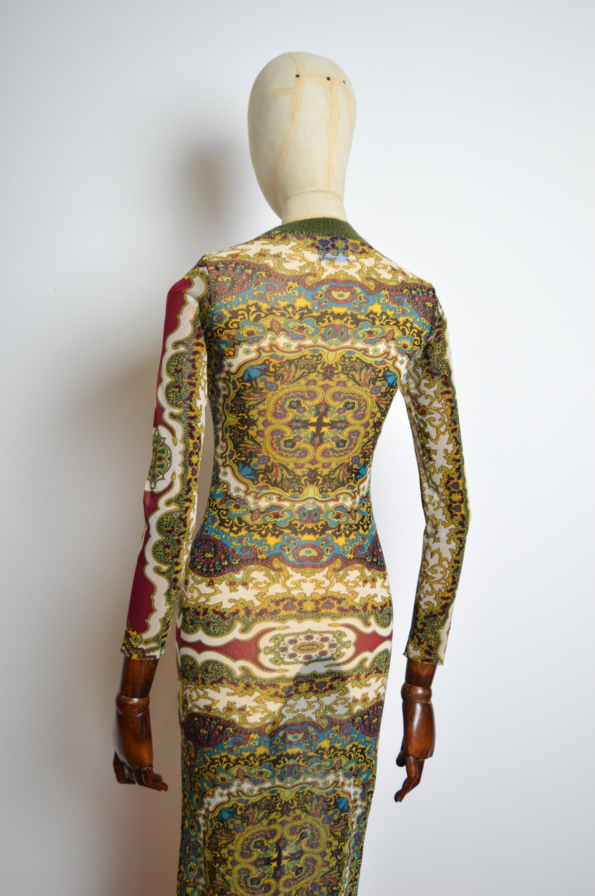 Women's 1990s KENZO Micro Mesh eastern Kaleidoscope Paisley print long sleeve maxi dress For Sale