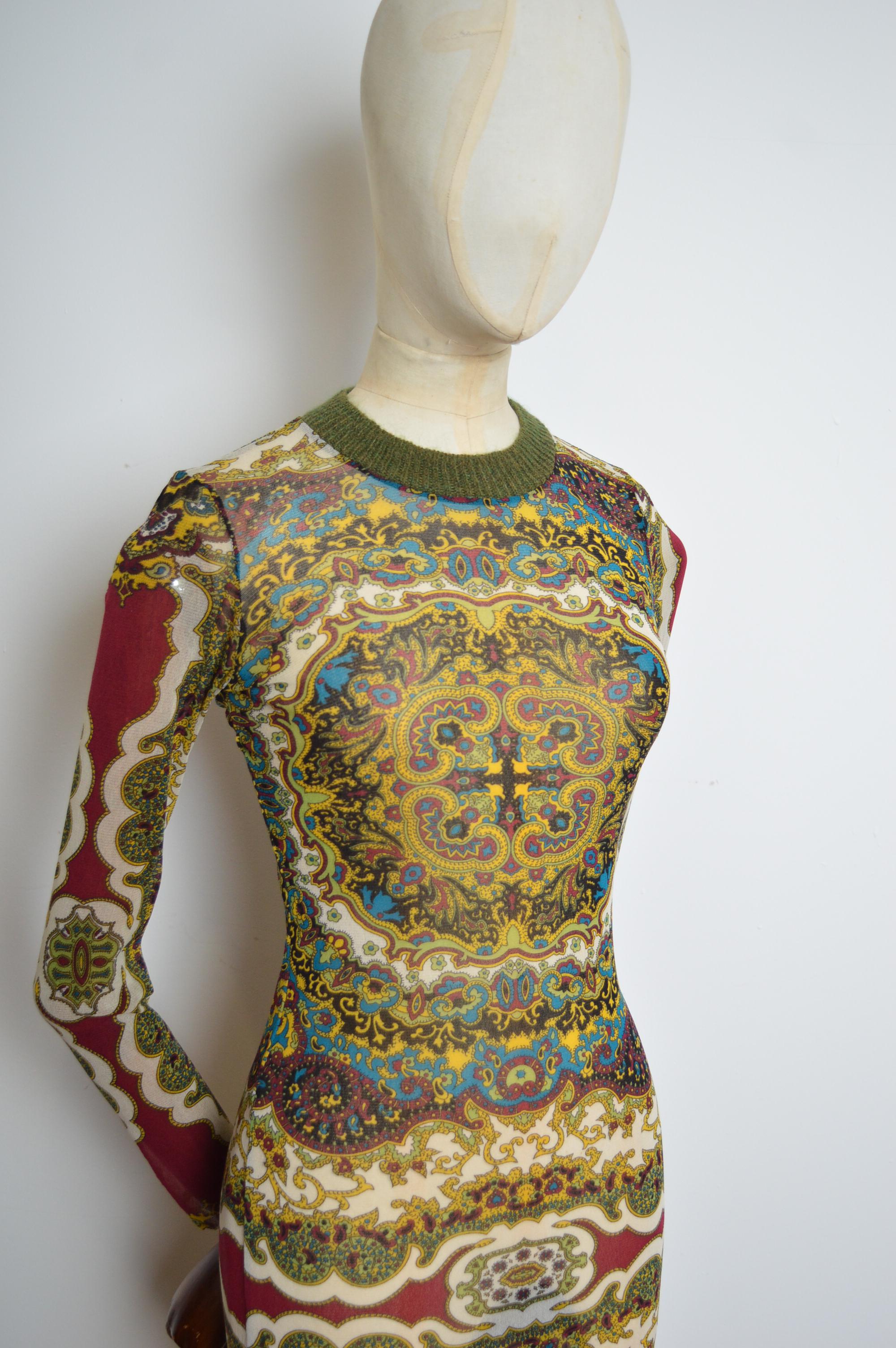 1990s KENZO Micro Mesh eastern Kaleidoscope Paisley print long sleeve maxi dress For Sale 2
