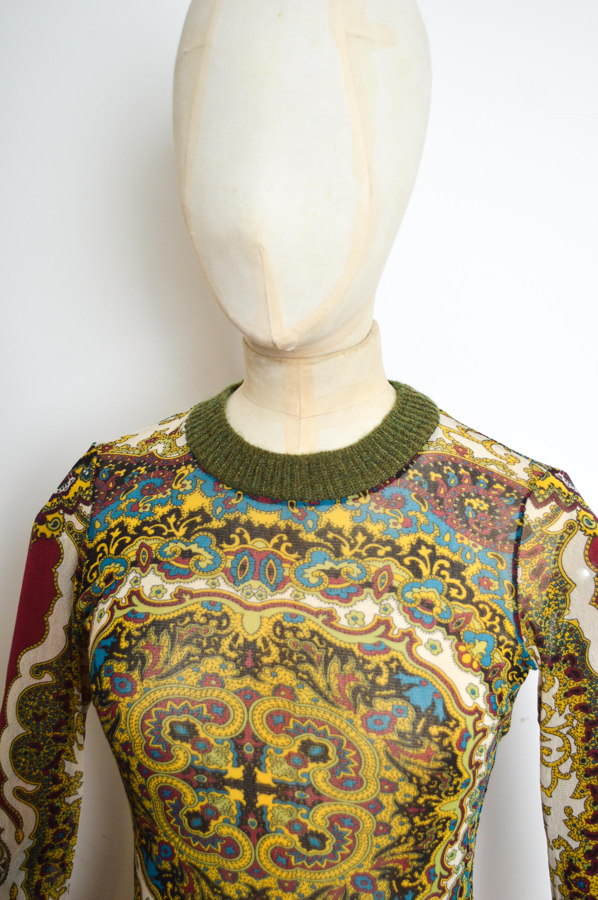 1990s KENZO Micro Mesh eastern Kaleidoscope Paisley print long sleeve maxi dress For Sale 3