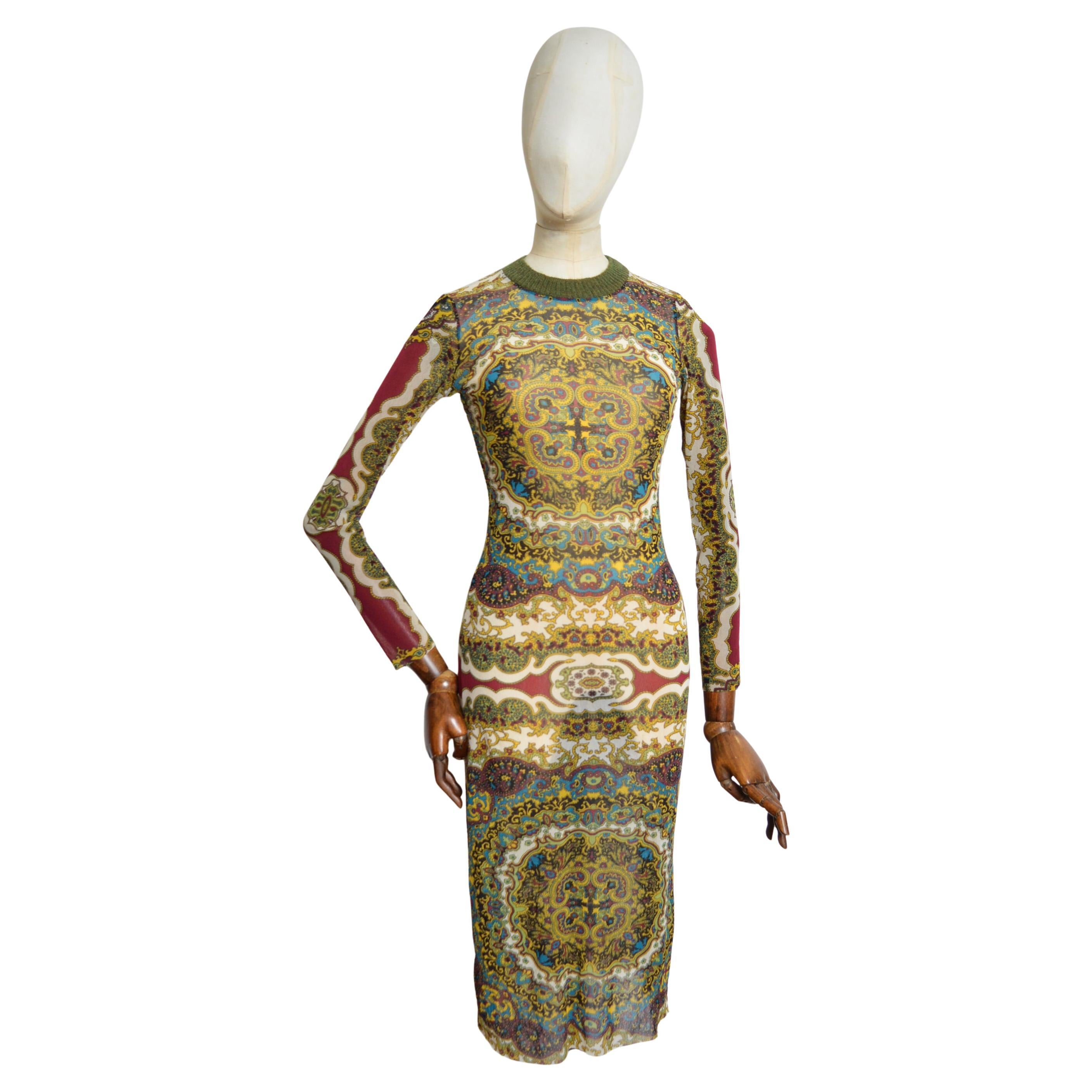 1990s KENZO Micro Mesh eastern Kaleidoscope Paisley print long sleeve maxi dress For Sale