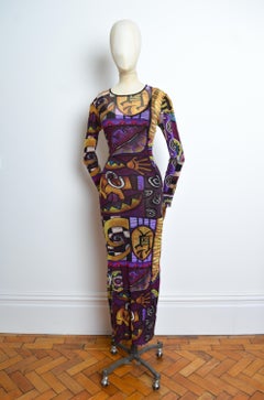 1990s KENZO Micro Mesh purple abstract art print long sleeve maxi dress