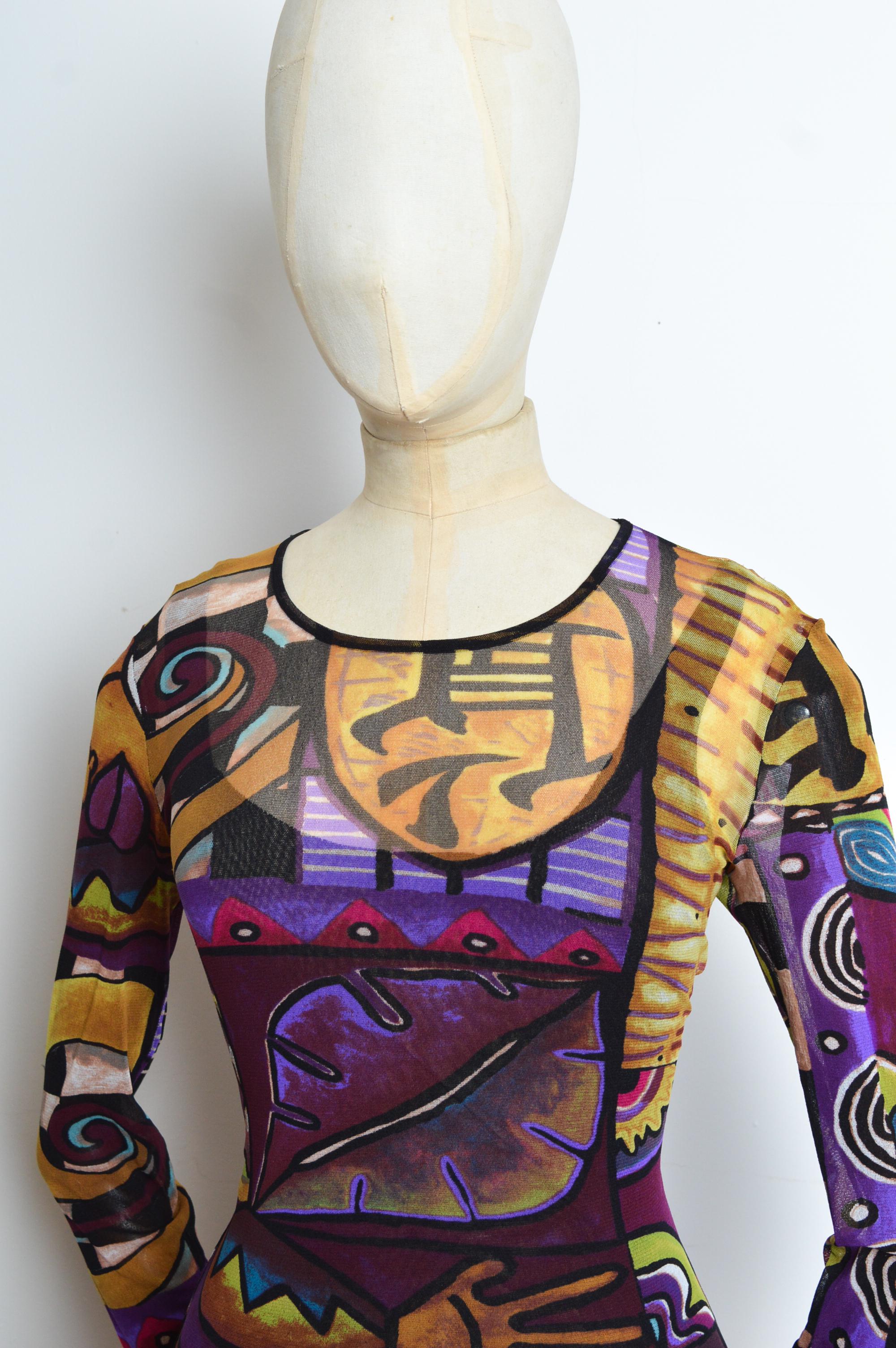 maxi vestido de manga larga con estampado de arte abstracto morado KENZO Micro Mesh de los años 90 Negro en venta