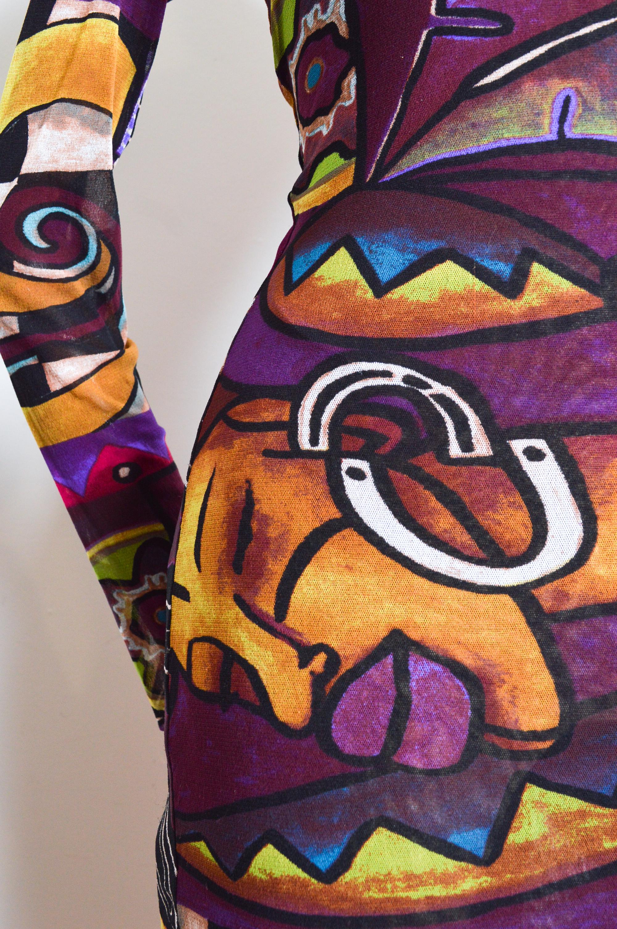 maxi vestido de manga larga con estampado de arte abstracto morado KENZO Micro Mesh de los años 90 en Bueno estado para la venta en Sheffield, GB