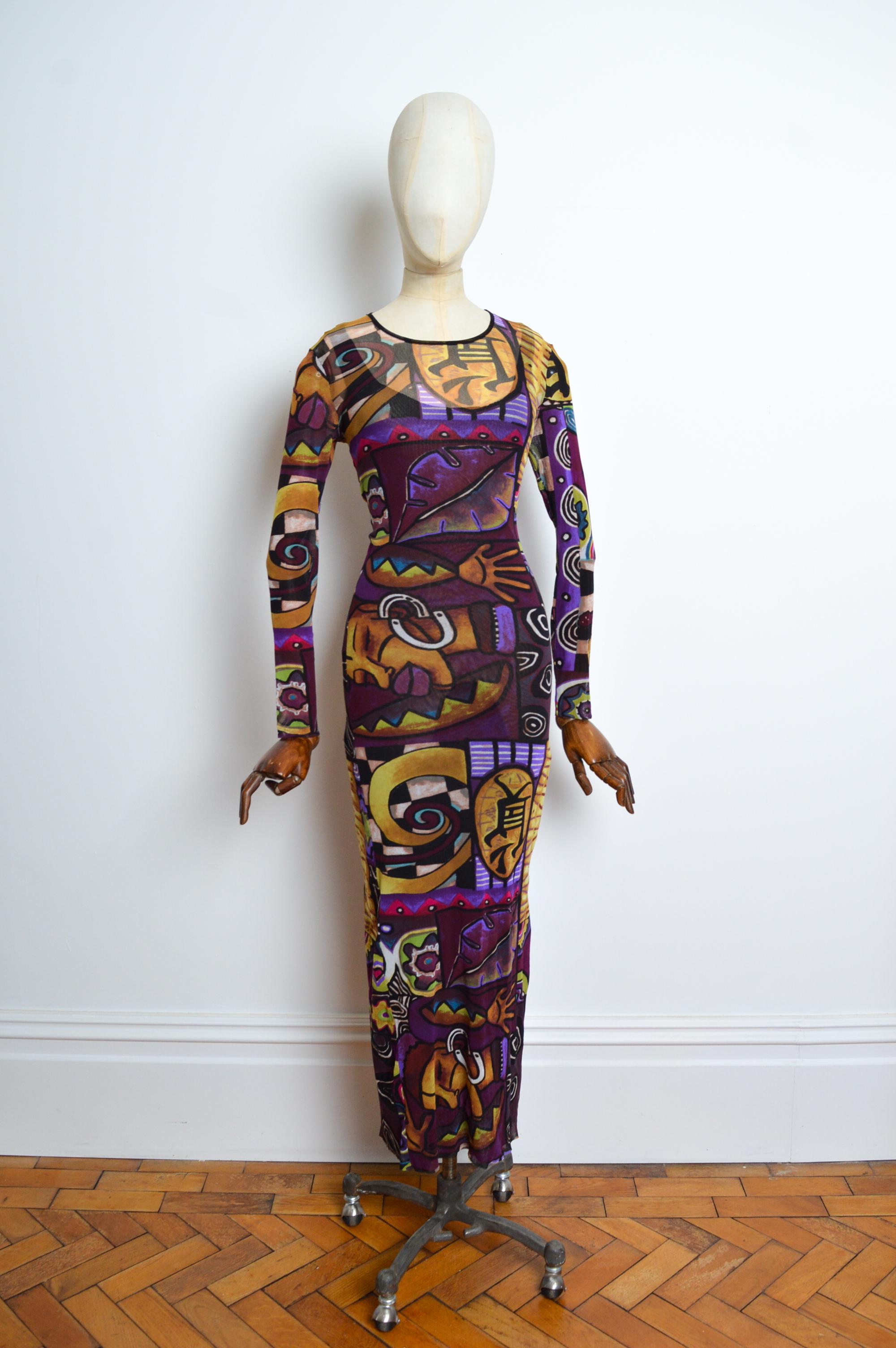 De las mujeres maxi vestido de manga larga con estampado de arte abstracto morado KENZO Micro Mesh de los años 90 en venta