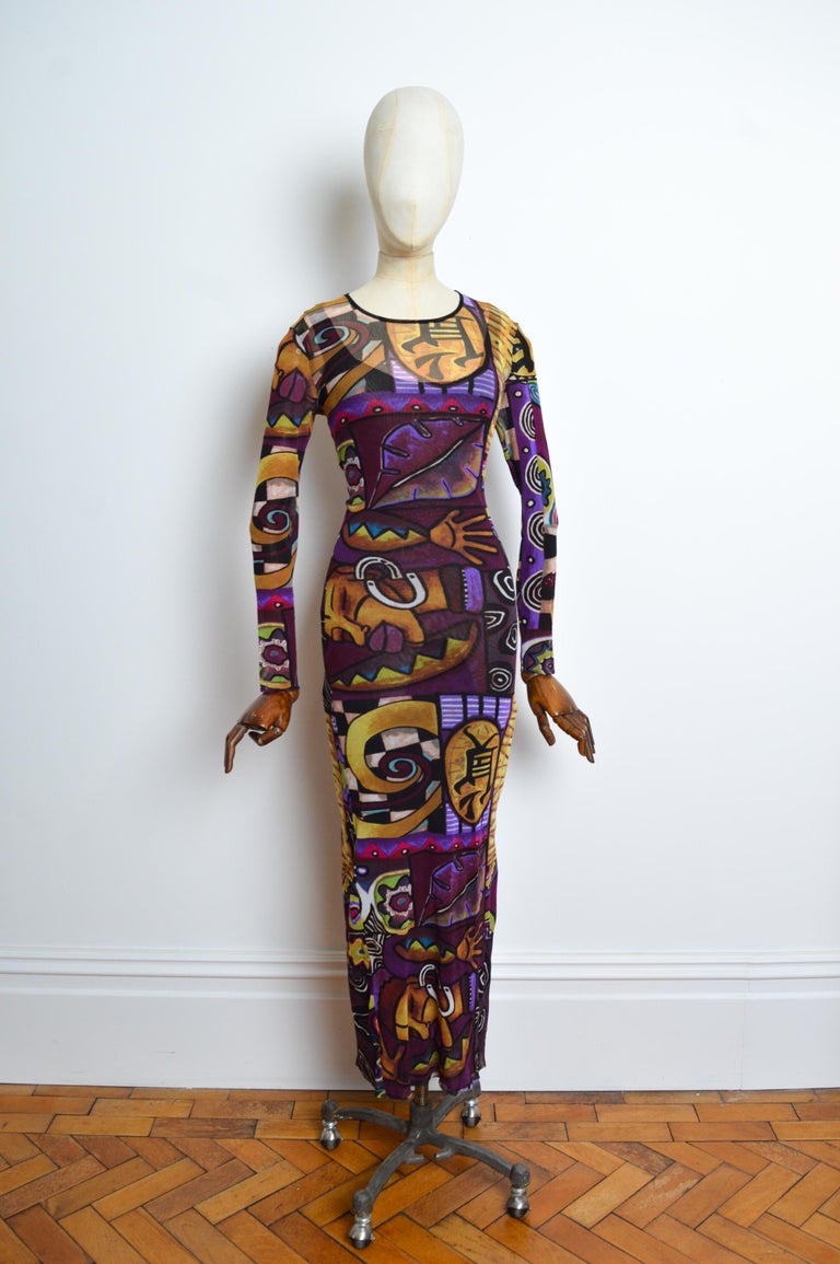 1990s KENZO Micro Mesh purple abstract art print long sleeve maxi dress For  Sale at 1stDibs