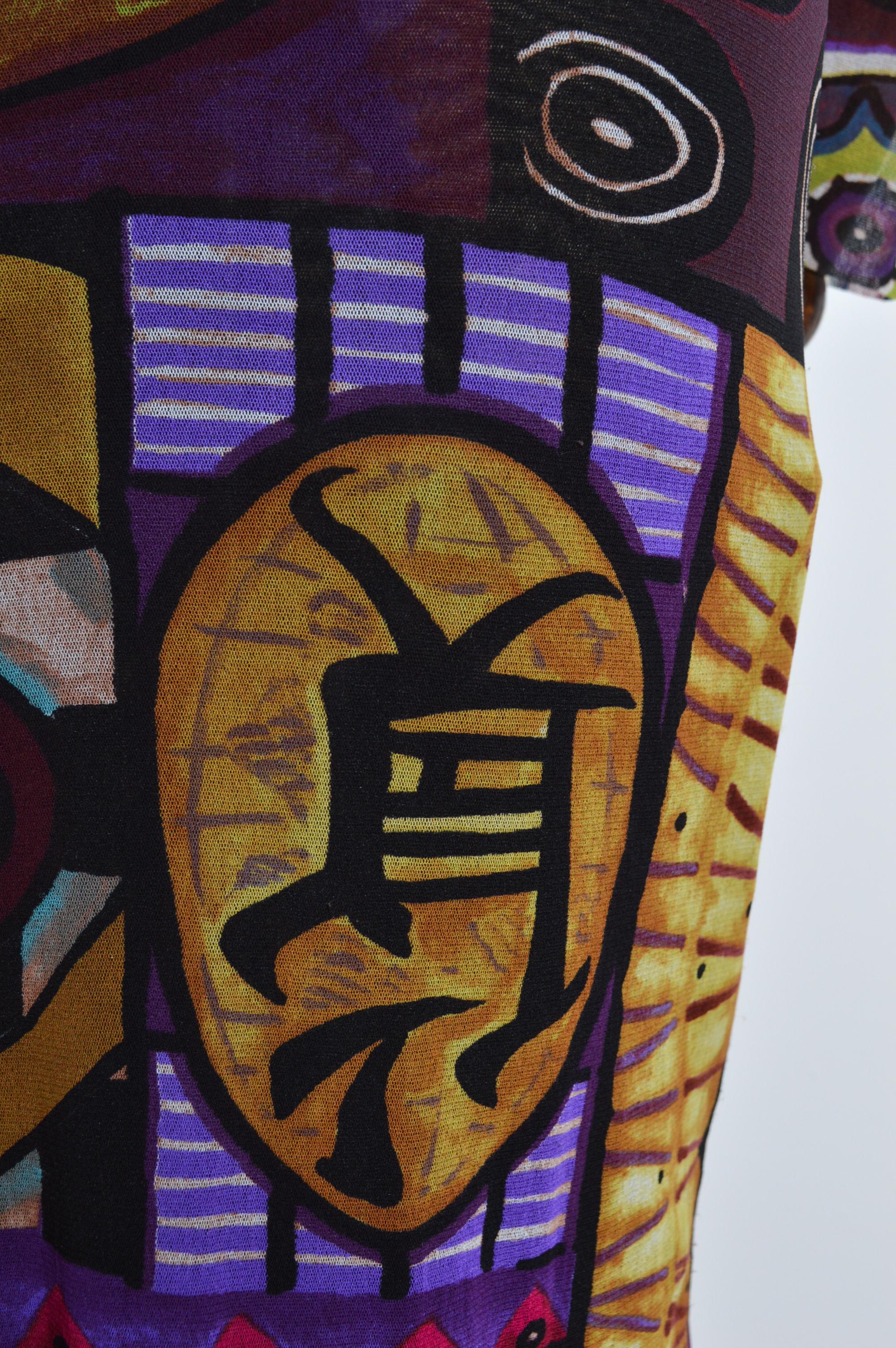 maxi vestido de manga larga con estampado de arte abstracto morado KENZO Micro Mesh de los años 90 en venta 1